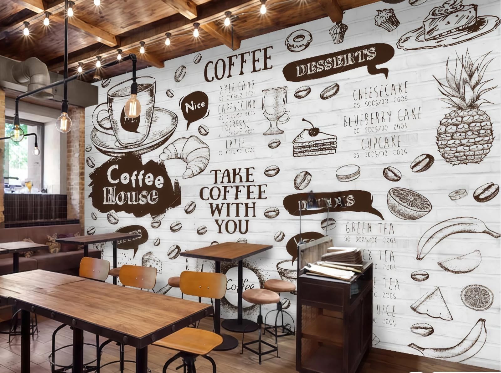 Rskjdghshd 3D Wallpaper Hand-Painted White Wall Illustration Coffee Theme Dessert Bakery Western Restaurant Background Wall Mural Afternoon Tea Coffee Shop Wallpaper,,200X140cm