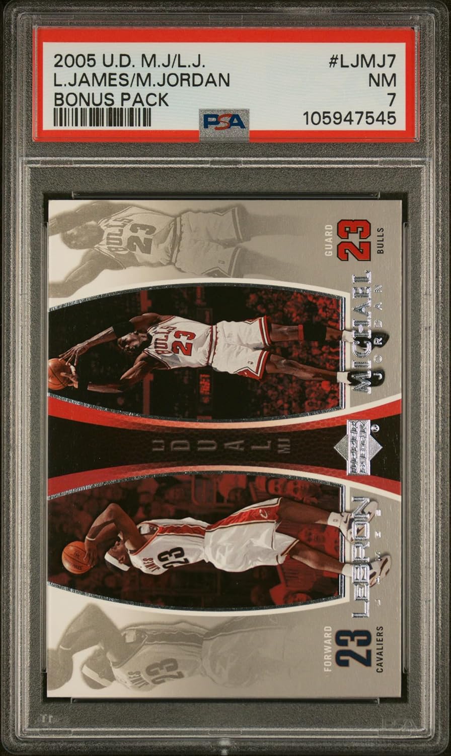 Michael Jordan LeBron James 2005 Upper Deck Bonus Pack Basketball Card #LJMJ7 Graded PSA 7 Cert # 105947545