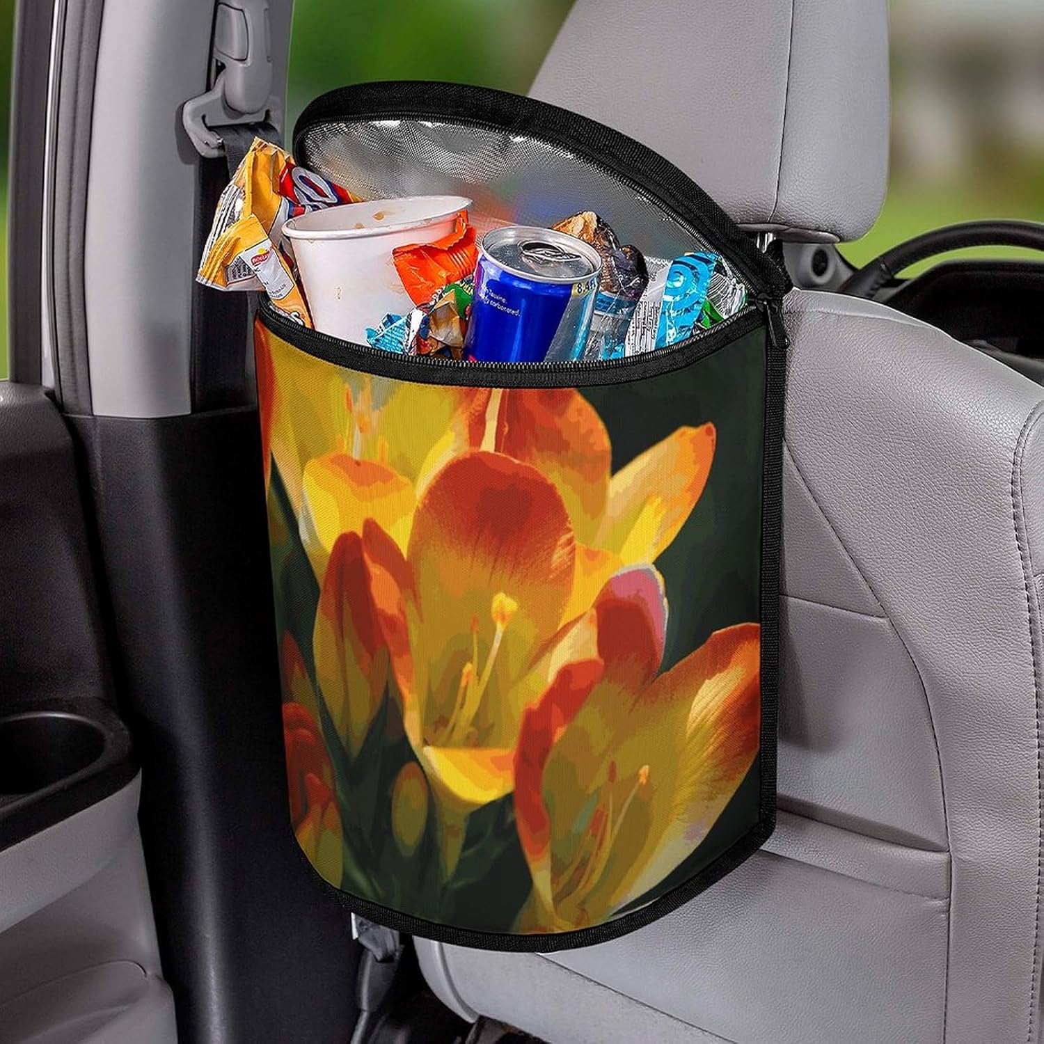 Hanging Car Trash Bag Freesia Beautiful Plant Flower Printed Car Garbage Storage Bag Leakproof Car Trash Can Portable Garbage Storage Bags