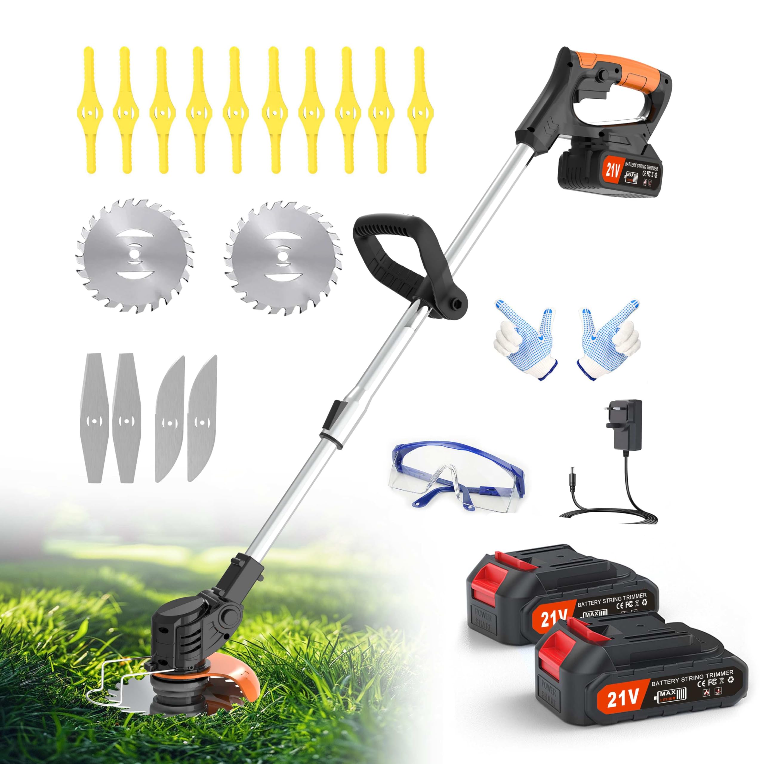 Jwdj Cordless Strimmer 21V Li-ion Batteries Metal Blade Strimmer grass trimmers With Fast Charger 20 different types of blades for Garden Clearing Weeds Flower Trees (BLACK)