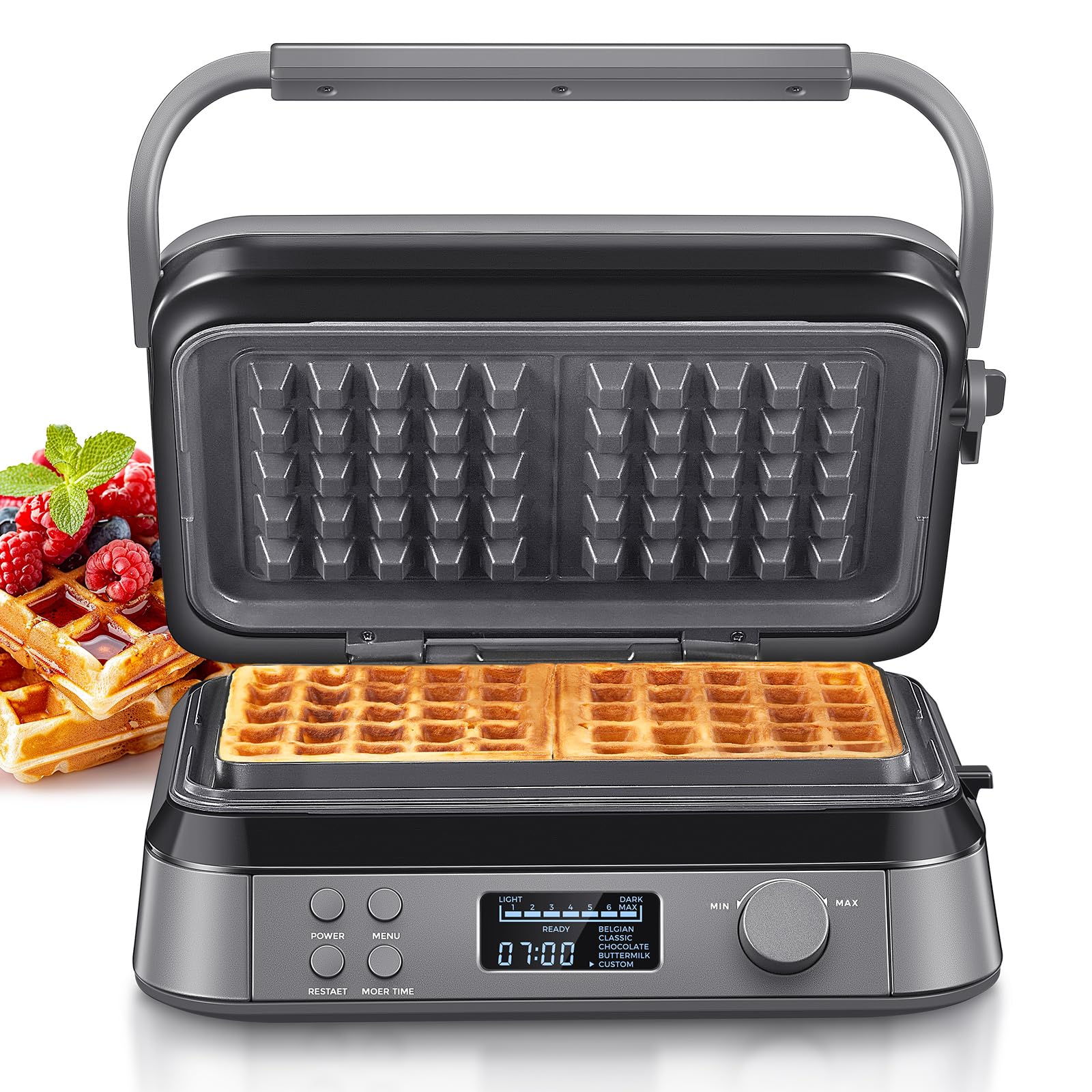 Waffle 1600 W doppio waffle belga per waffle, 5 programmi, 7 livelli di tostatura, controllo tramite display LCD, timer, pratico slot per troppopieno, acciaio inossidabile