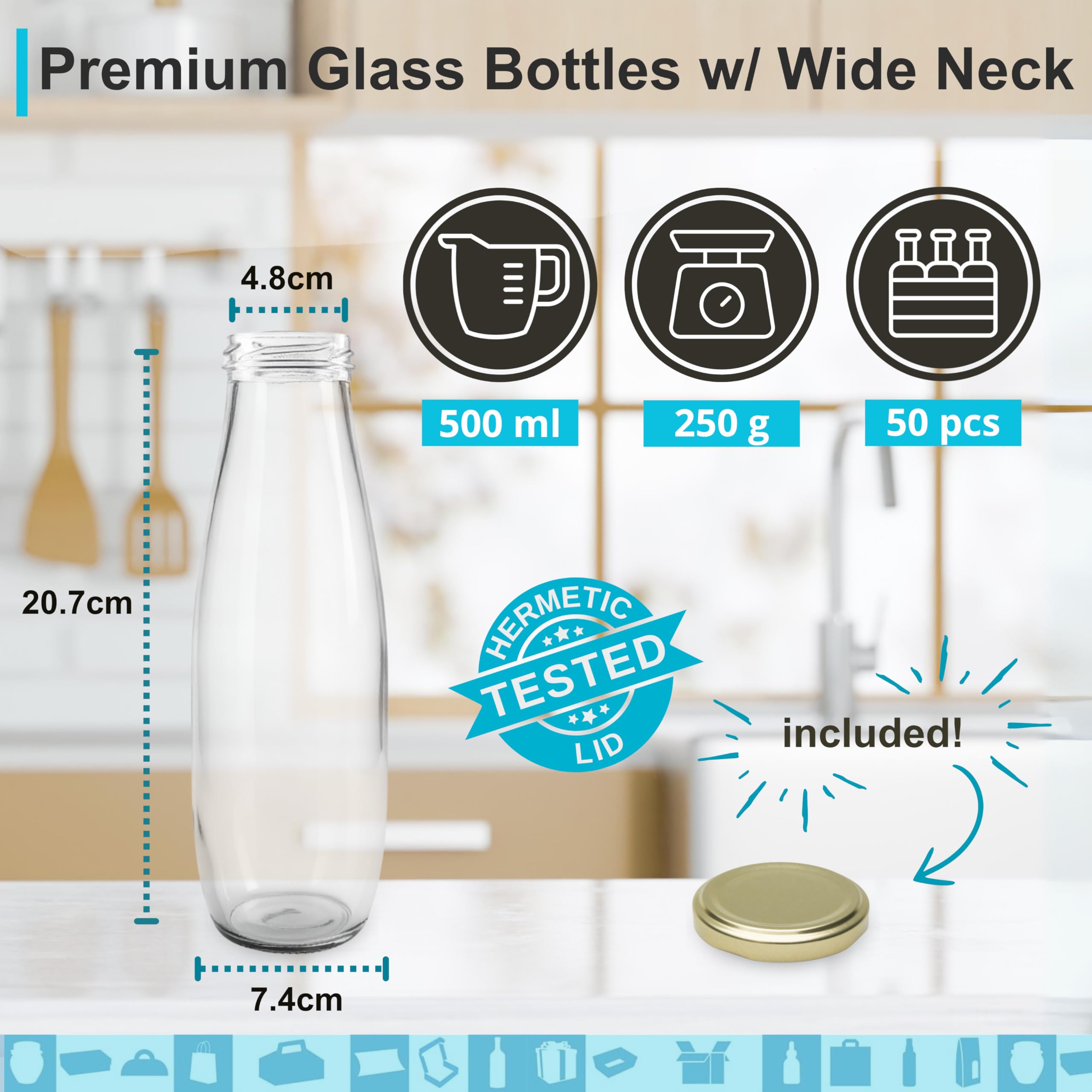 Espirito Rebelde 50 bottiglie di vetro vuote da 500 ml con coperchio, bottiglie di vetro per succo, latte, barbecue, salse, ideali per picnic, matrimoni e feste
