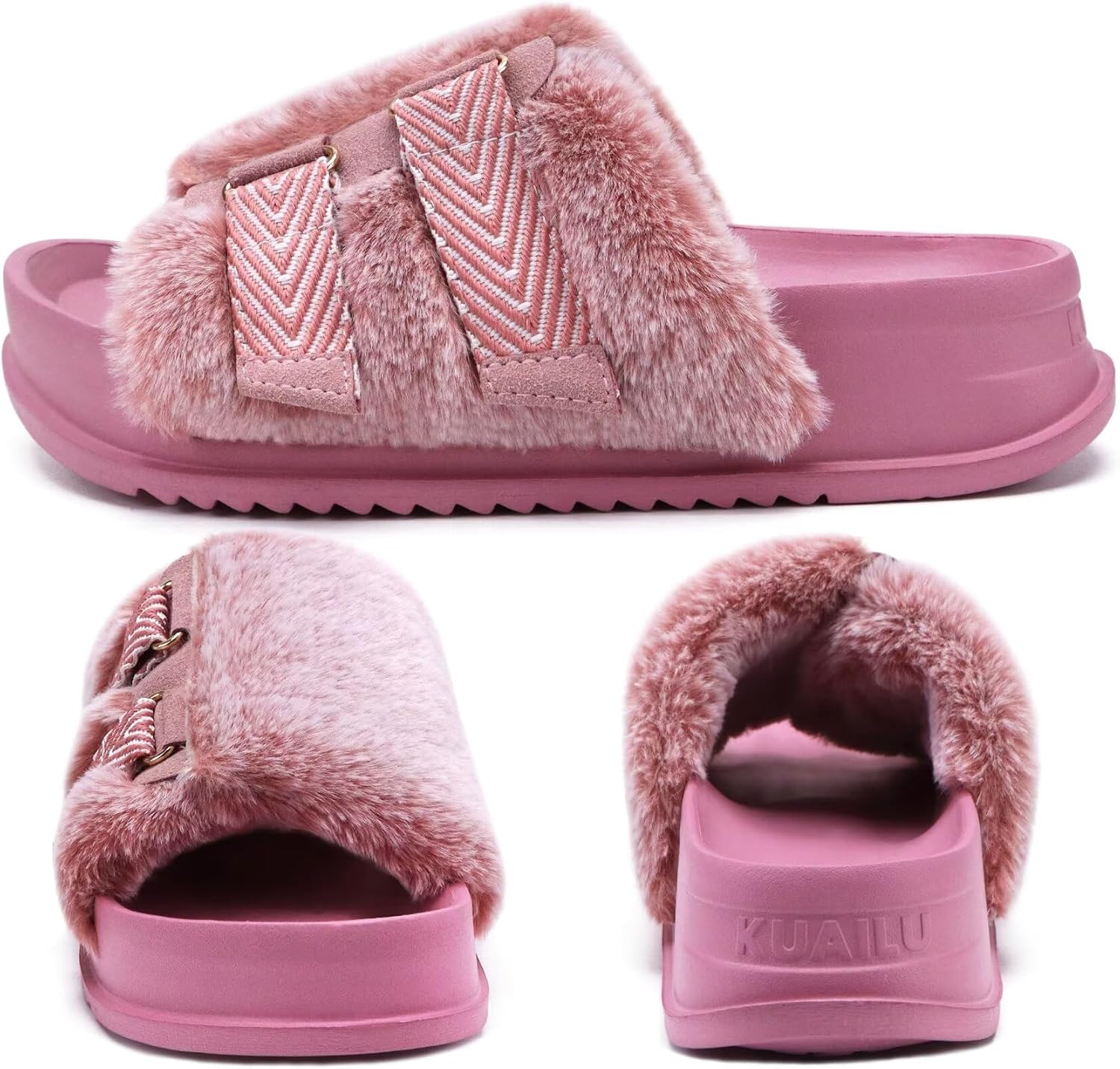 KuaiLu Womens Orthotic Sandals Comfortable Plantar Fasciitis Arch Support Faux Fur Sandal Slippers For Woman Adjustable Cushion Slides Slip On Indoor Outdoor Memory Foam House Shoes, Pink Size 12 - Image 7