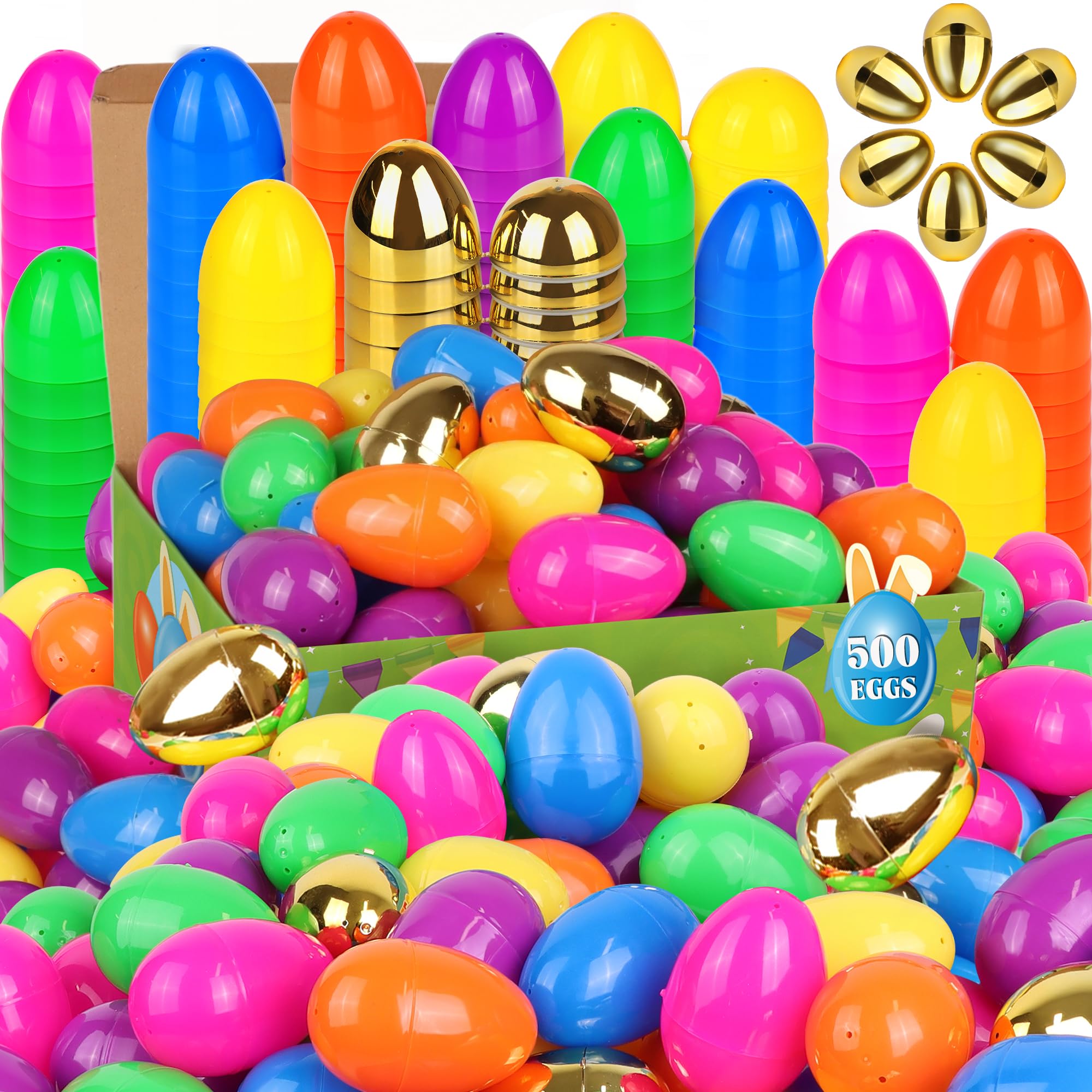 Photo 1 of ***FACTORY SEALED - OPENED FOR INSPECTION***Huyamap 500 Pack 2.4" Fillable Easter Eggs with 6 Golden Eggs, Colorful Plastic Empty Eggs for Easter Egg Hunt, Party Favors, Basket Stuffers, Classroom Prizes for Kids Boys Girls