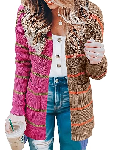 ECOWISH Cardigan Sweaters for Women Fall Causal Color Block Striped