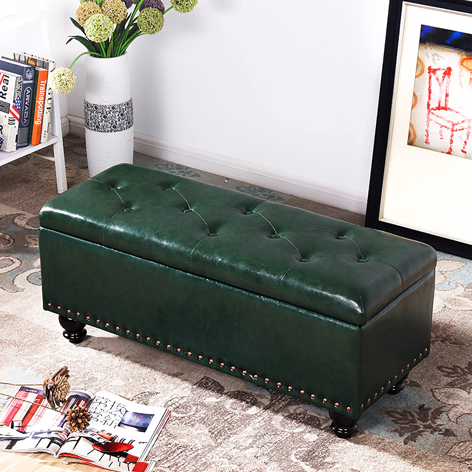 ZHANGshouf Modern PU Leather Storage Bench for Bedroom and Living Room Multifunctional Footstool and Ottoman with Green Faux Leather Finish 80x40x45cm
