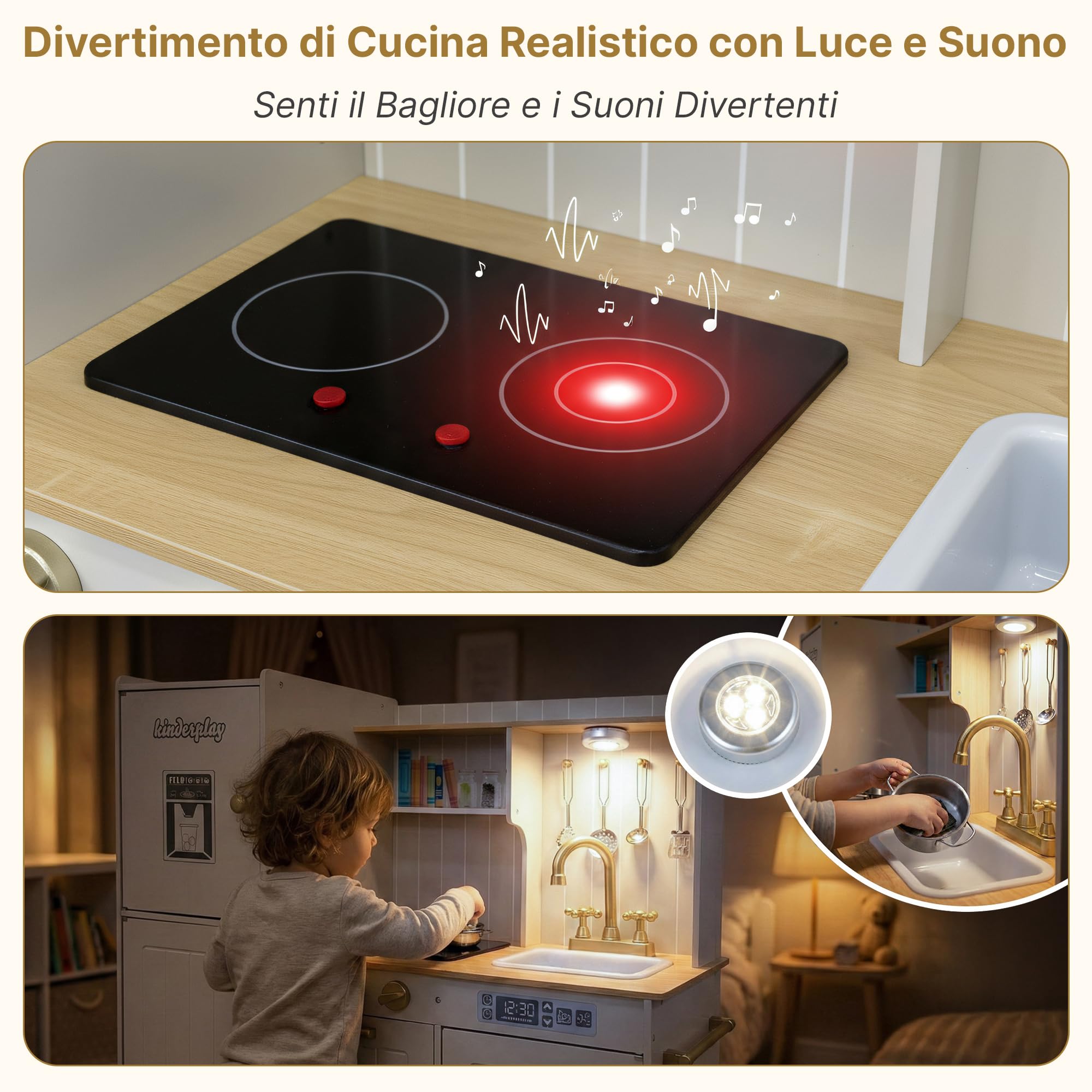 Kinderplay Grande Cucina per bambini in legno con luce e suono, con accessori, lavello, fornello e forno, per giochi di ruolo realistici