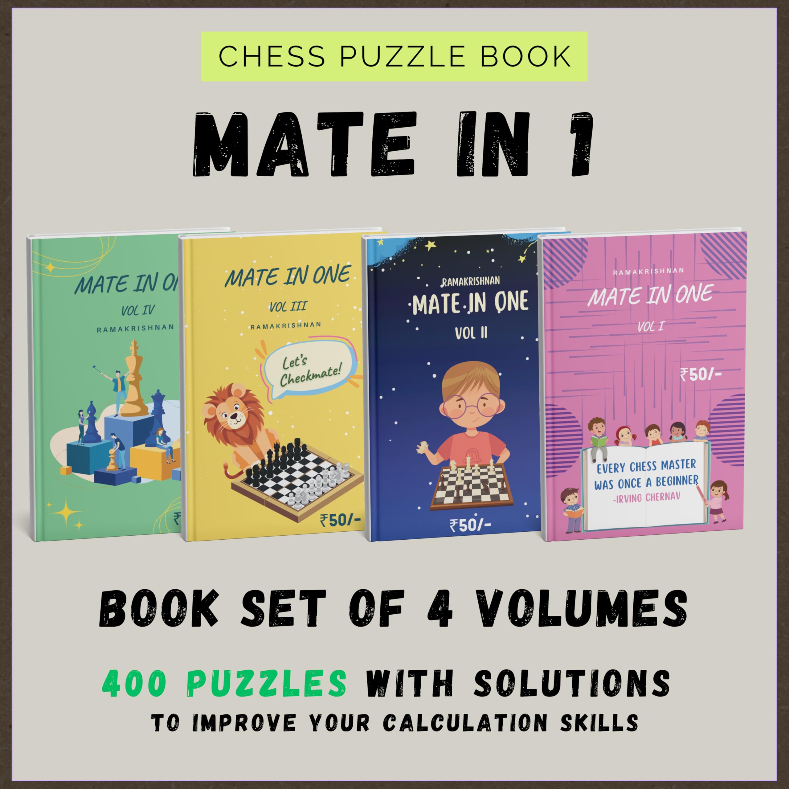 Mate in 1 Move - 4 books Set (400 puzzles, 100 per book) | Free MDF Chessboard keychain