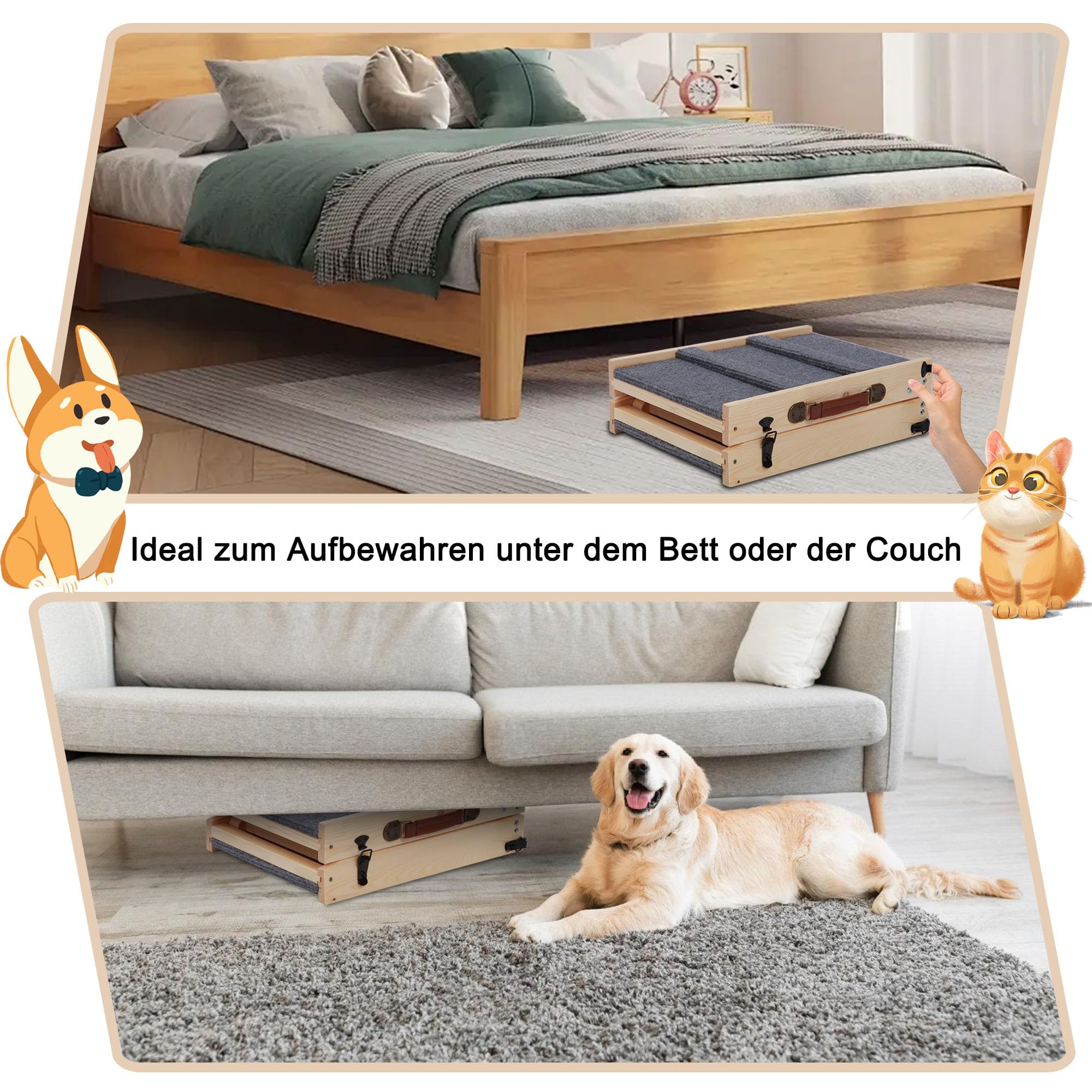 Rampa para perros de 80 cm, escalera con 3 barras, madera de pino y goma, 6 niveles de altura, capacidad de carga