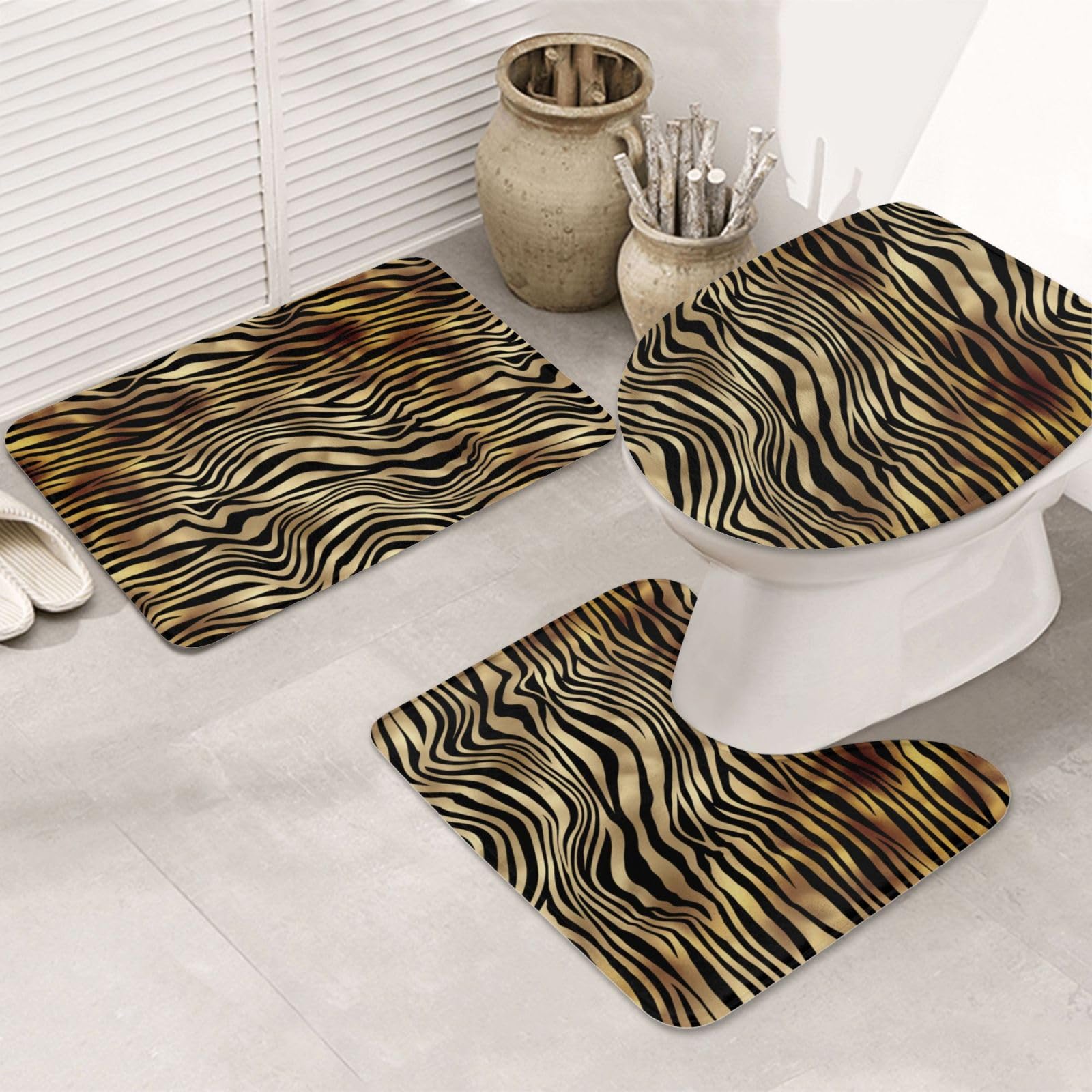 Tapis de bain antidérapants absorbants 3 pièces motif zèbre sépia
