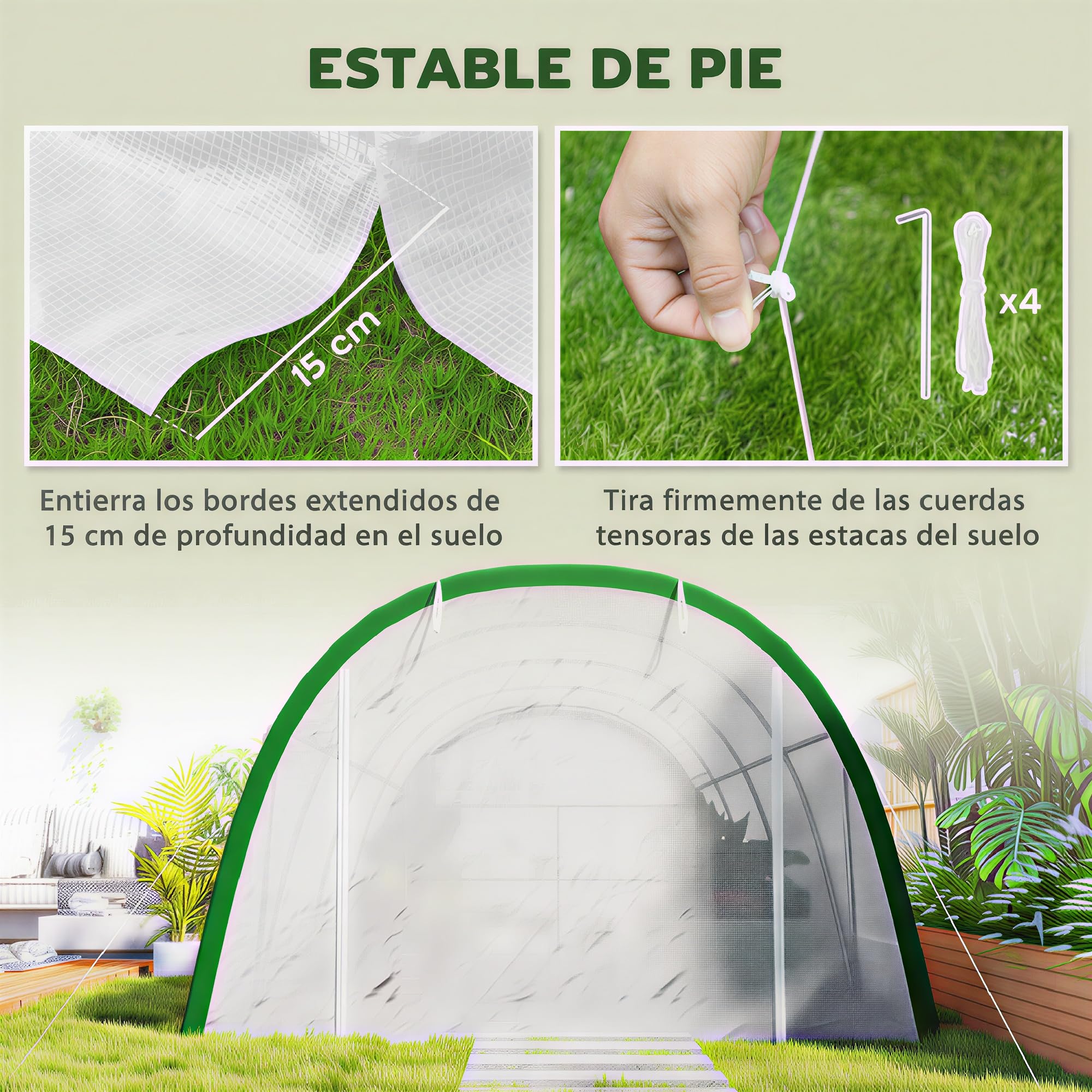 Outsunny Invernadero de Exterior 6x3x2 m con Puerta Enrollable Blanco | 8 Ventanas de Malla, Invernadero de Túnel, Cubierta PE 140g/m², Marco de Acero Galvanizado, Protección UV, para Plantas