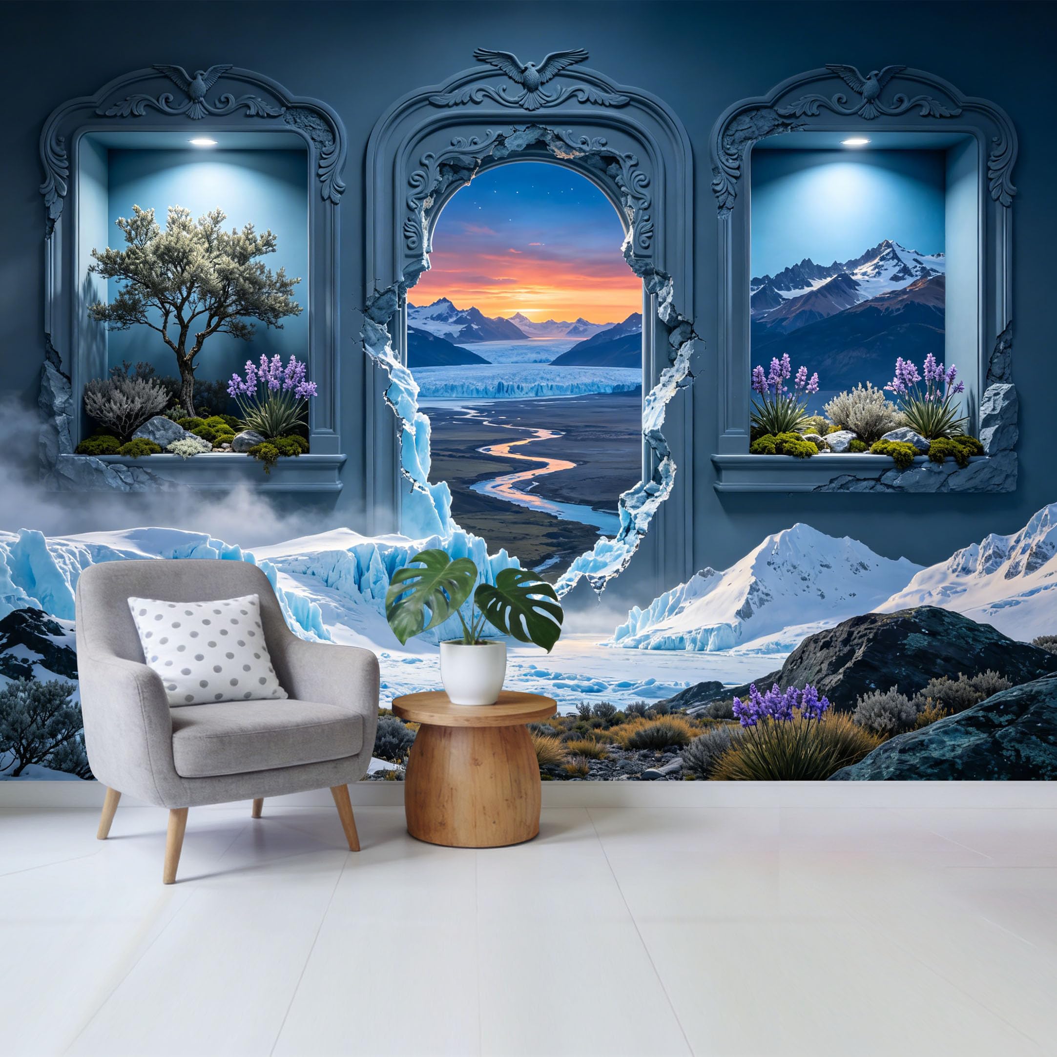 Removable Self Adhesive Fabric Mural， 3D Trompe L'Oeil Scenic Mountain Lake Custom Size Wall Covering， UV Protected Waterproof Washable Wall Decor for Living Room Bedroom Bathroom