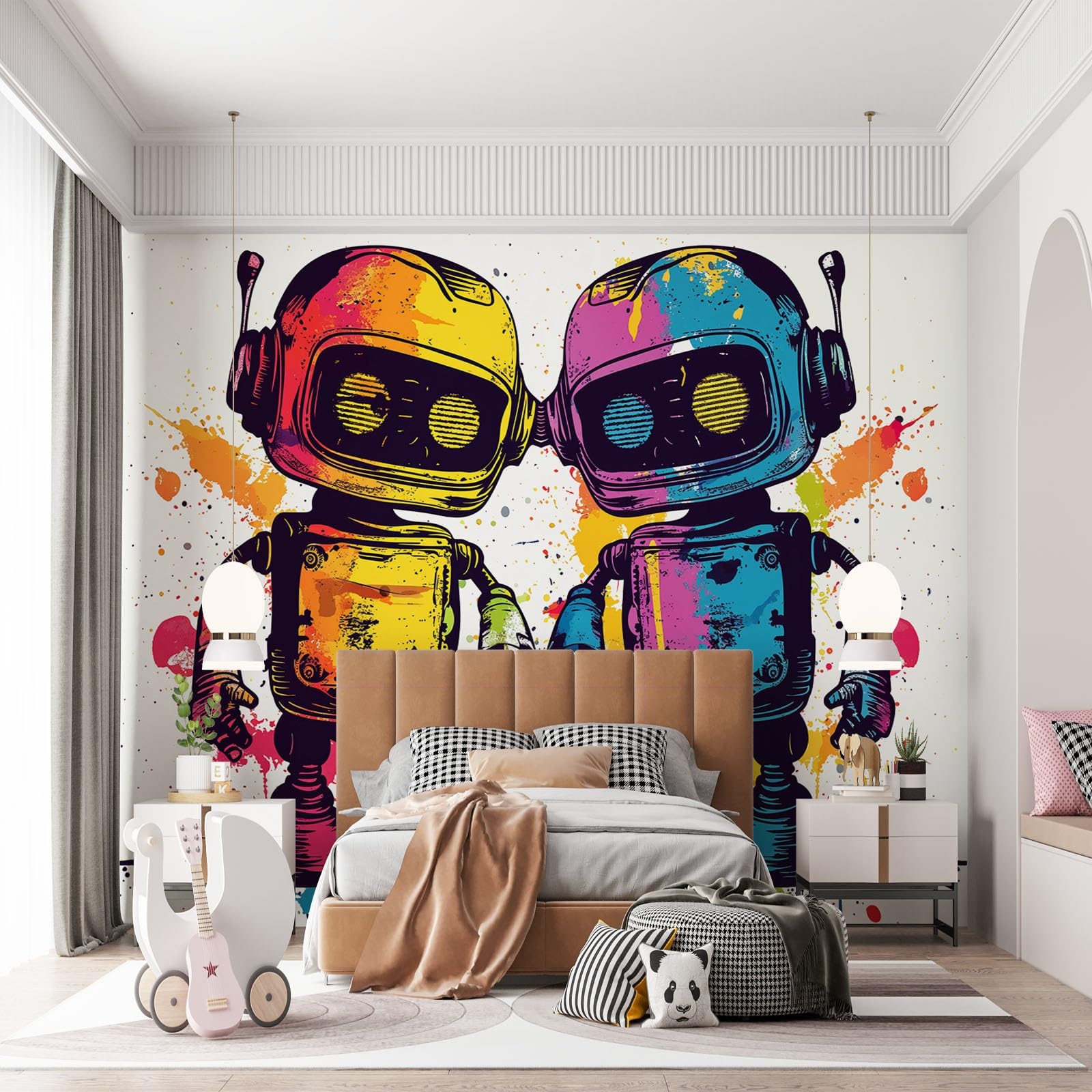 Fototapete Bunter Roboter Modern Wohnzimmer Schlafzimmer Vlies Tapete Wanddeko UV-Beständig Hohe Auflösung Montagefertig, 350 x 256 cm
