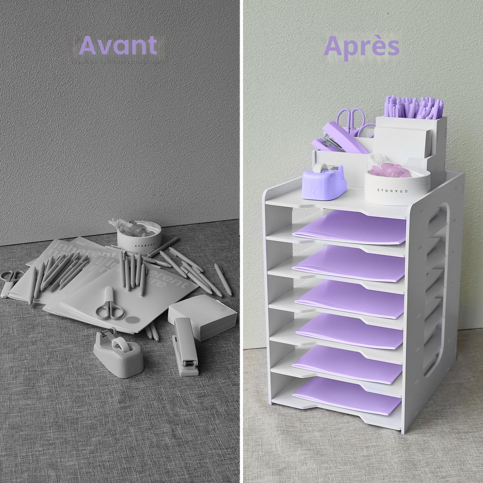 Bac à courrier A4 7 niveaux, organiseur de bureau empilable avec porte-stylo blanc