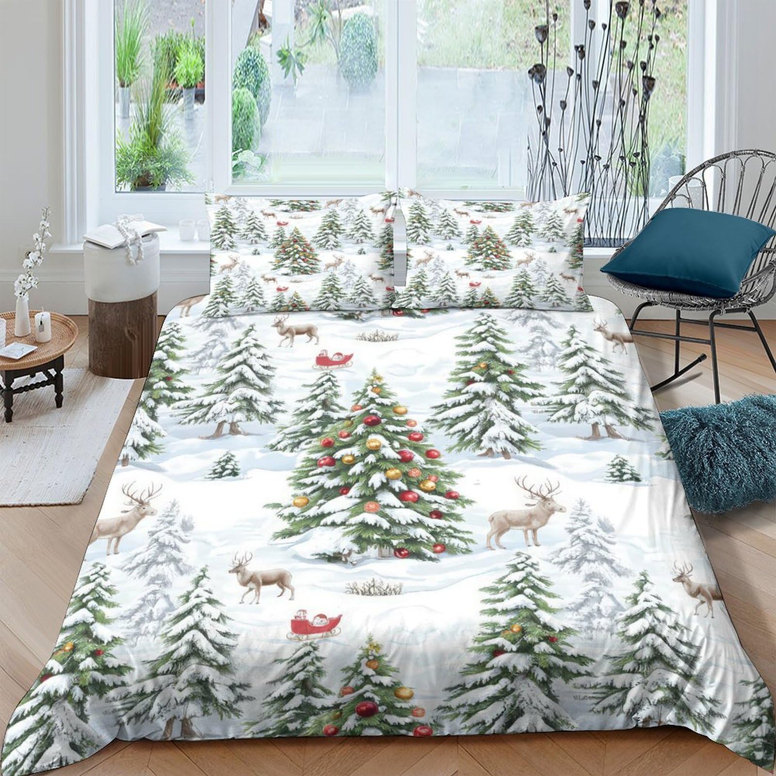 Ctjqhvkz Style-9 3D Printed Christmas Forest Fitted Sheet Microfiber Deer Snowy Pine Bed Cover For Bedroom Guest Room Decor Single（135X200cm）