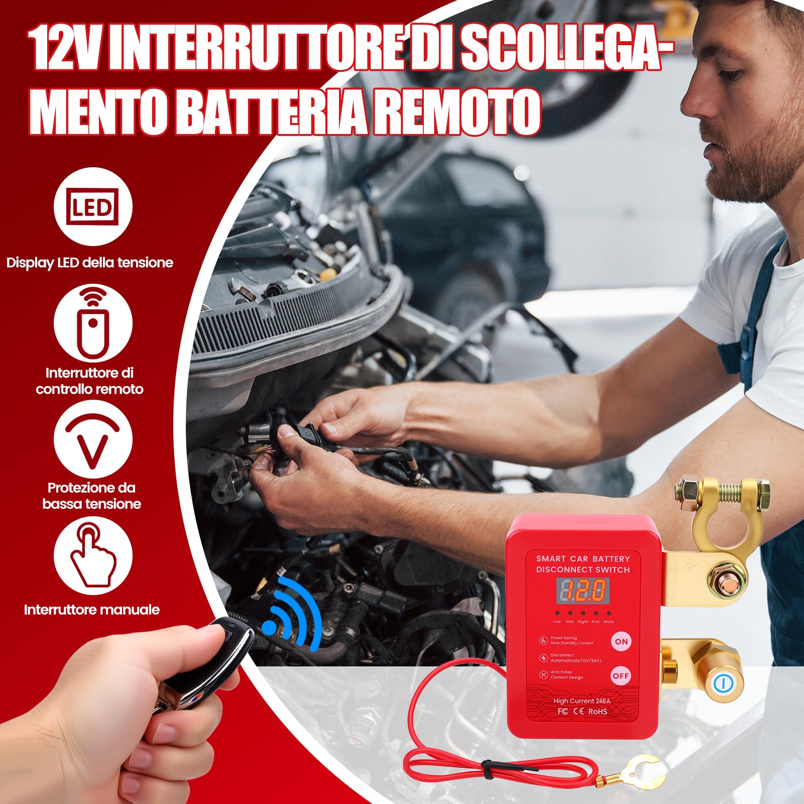 Stacca Batteria 12V per Auto, 240A Remoto Automatico Stacca Batteria Senza Fili, Interruttore di Isolamento con Telecomando per Camion Barca Auto RV ATV (Rosso)