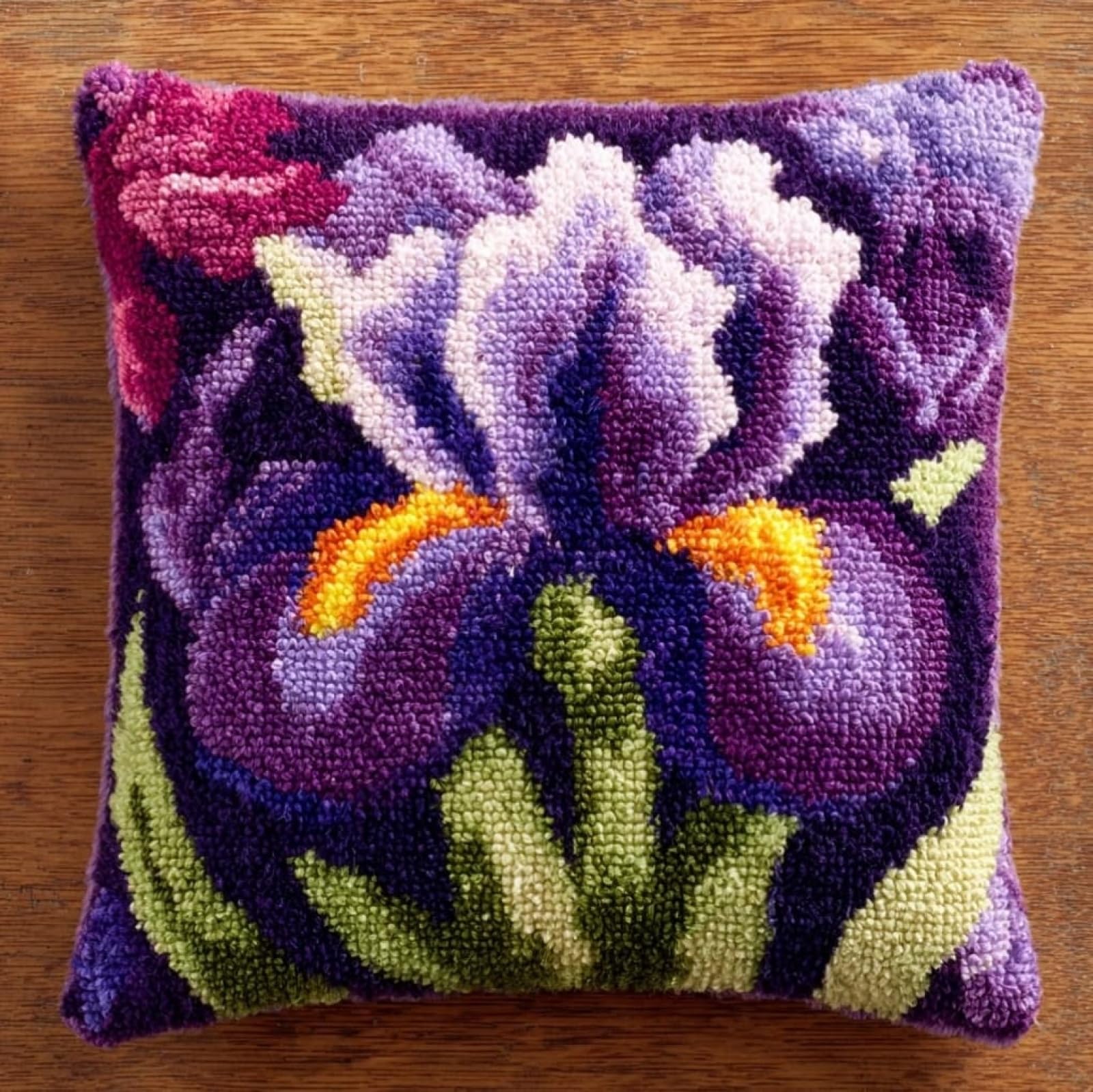 AxiangziK DIY Latch Hook Cushion Cover Kit,Beautiful iris 43x43cm Handmade Needlework Kit for Sofa & Bedroom Decorations