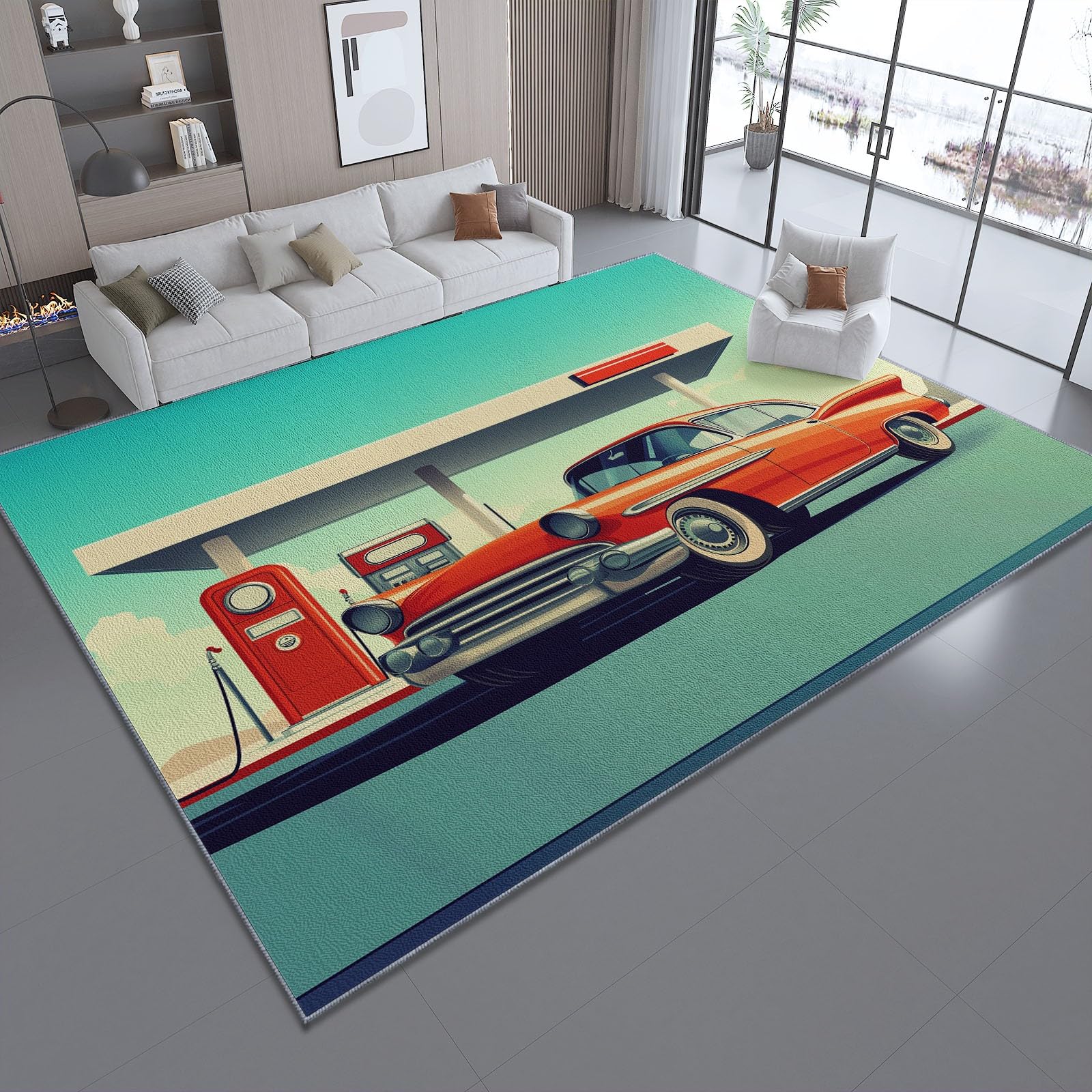 Dywan do salonu 160 x 230 cm Można prać w pralce Duży dywan Sypialnia Dorosły Retro Samochody Stacje Obsługiwane Miękkie Łóżko Downhill Dekoracja Sypialni Jedzenie, Czerwony