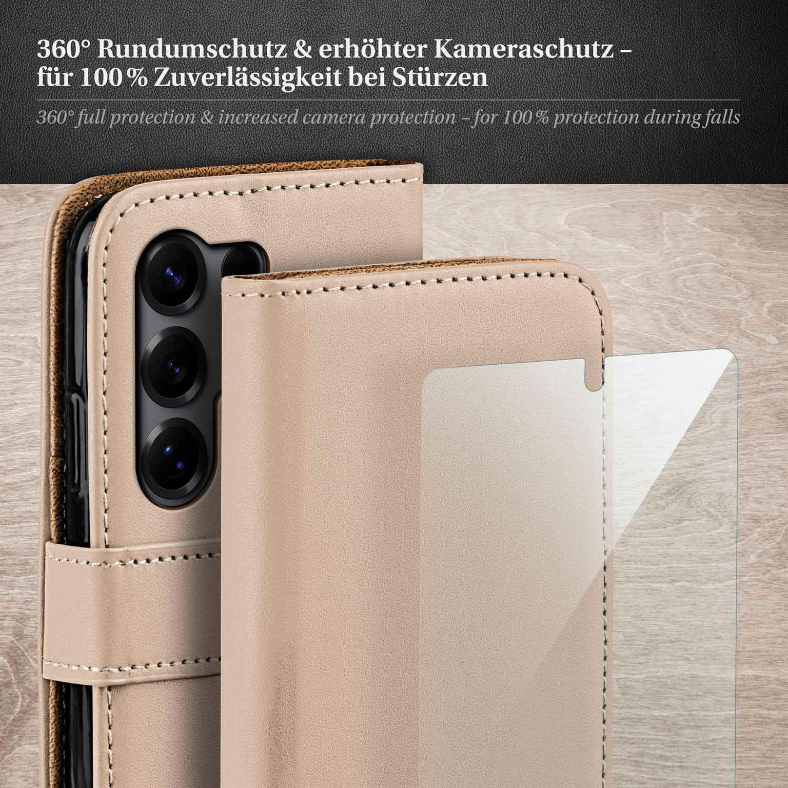 moex Set 4 in 1 per Samsung Galaxy S25 Ultra con 3 pellicole protettive, scomparto per carte di credito, custodia a libro e pellicola FlexProtect, protezione completa a 360°, tortora