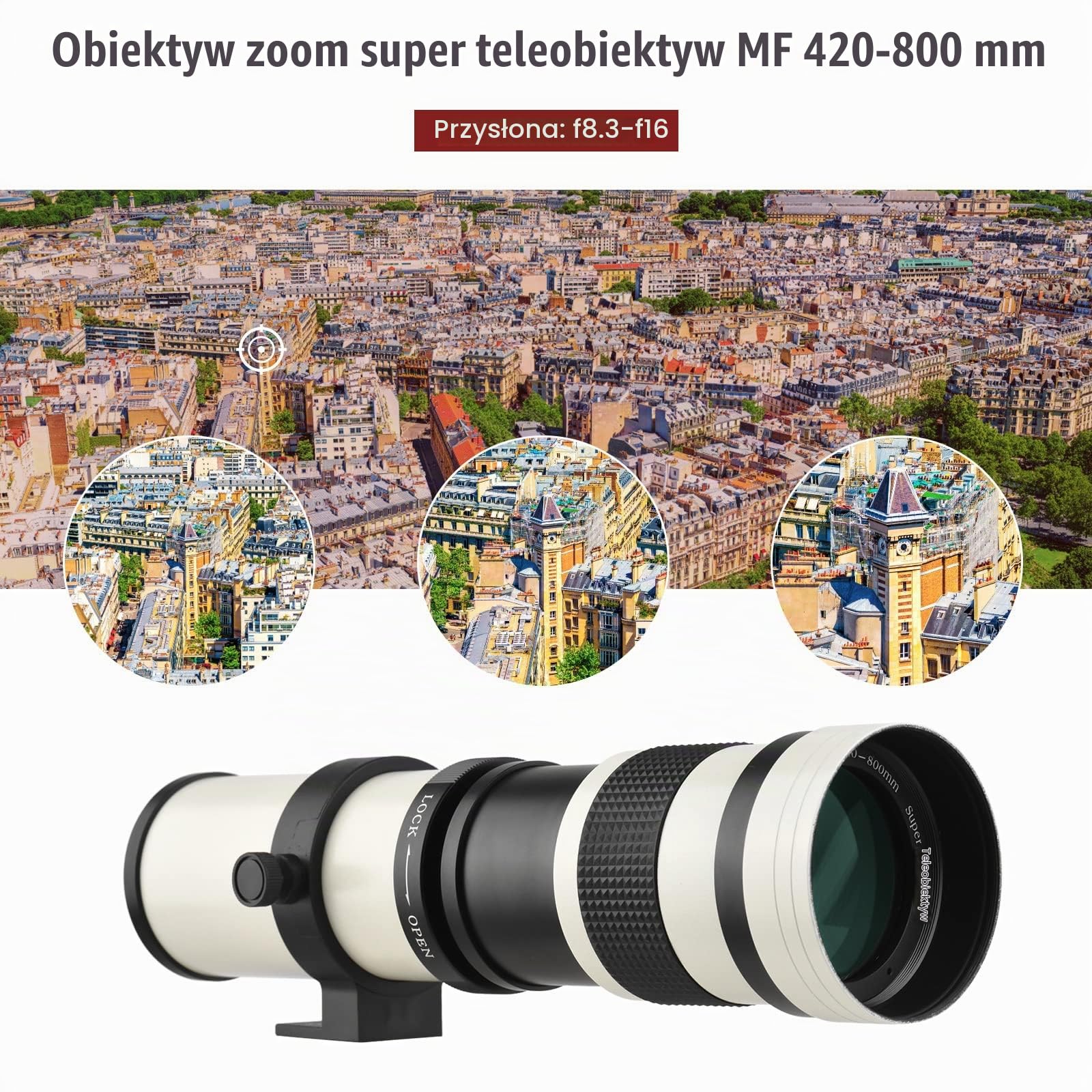 Namolit MF Super Teleobiektyw Zoom Obiektyw F / 8.3-16 420-800mm Mocowanie T2 z pierścieniem adaptera z mocowaniem AF 1/4 Gwint Wymiana dla Sony Alpha-Mount Minolta AF-Mount
