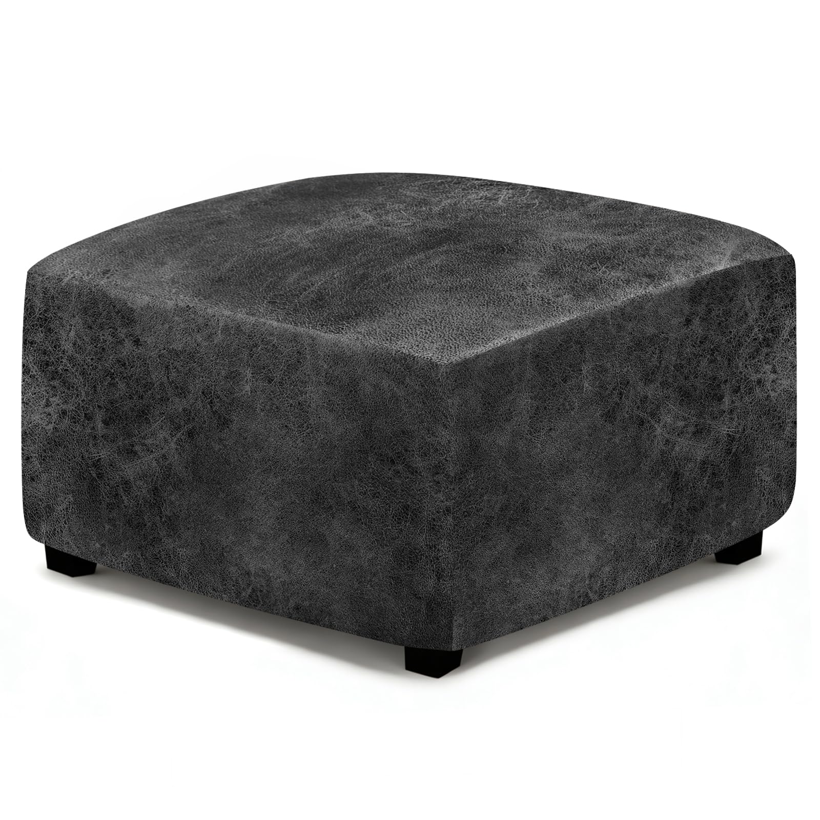 ANARACHON Leather Like Ottoman Cover, Stretch Small Square Ottoman Covers, Rectangular Ottoman Slipcovers with Removable Washable Non-Slip Elastic Bottom for Footstools (02 Dark Grey, Medium)