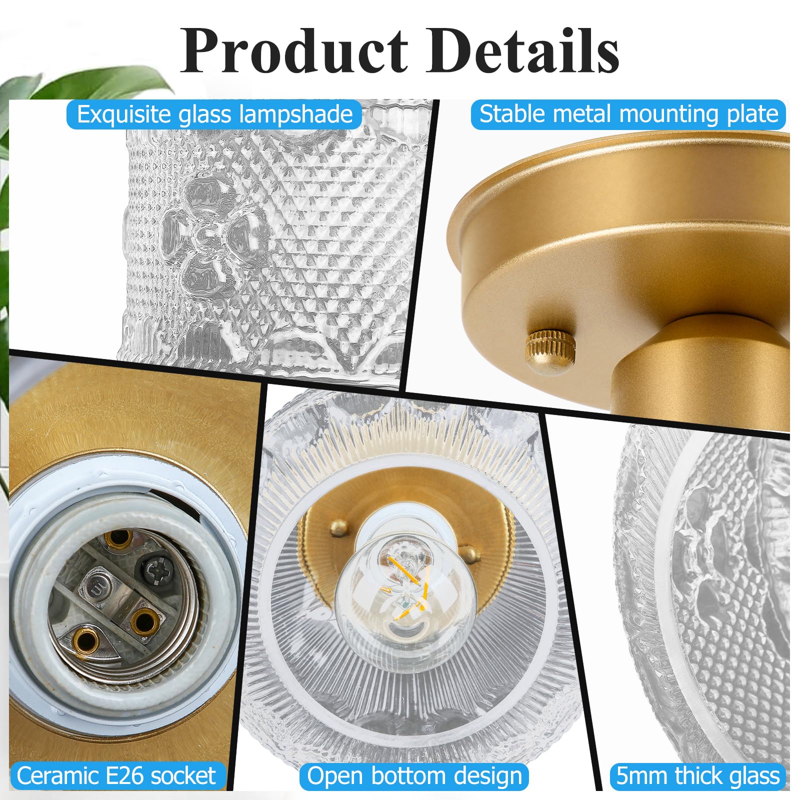 Kondras Gold Hallway Ceiling Light Fixture, Glass Semi Flush Mount Ceiling Light for Bedroom, Farmhouse Glass Kitchen Ceiling Light, Globe Glass Close to Ceiling Lamp for Bathroom Dinning Room, E26