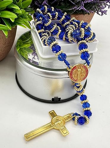 Miniatura 3 de Collar de rosario con medalla de San Benito con cristales azules, rosario católico y crucifijo de Jesús, regalos de oración para mujer