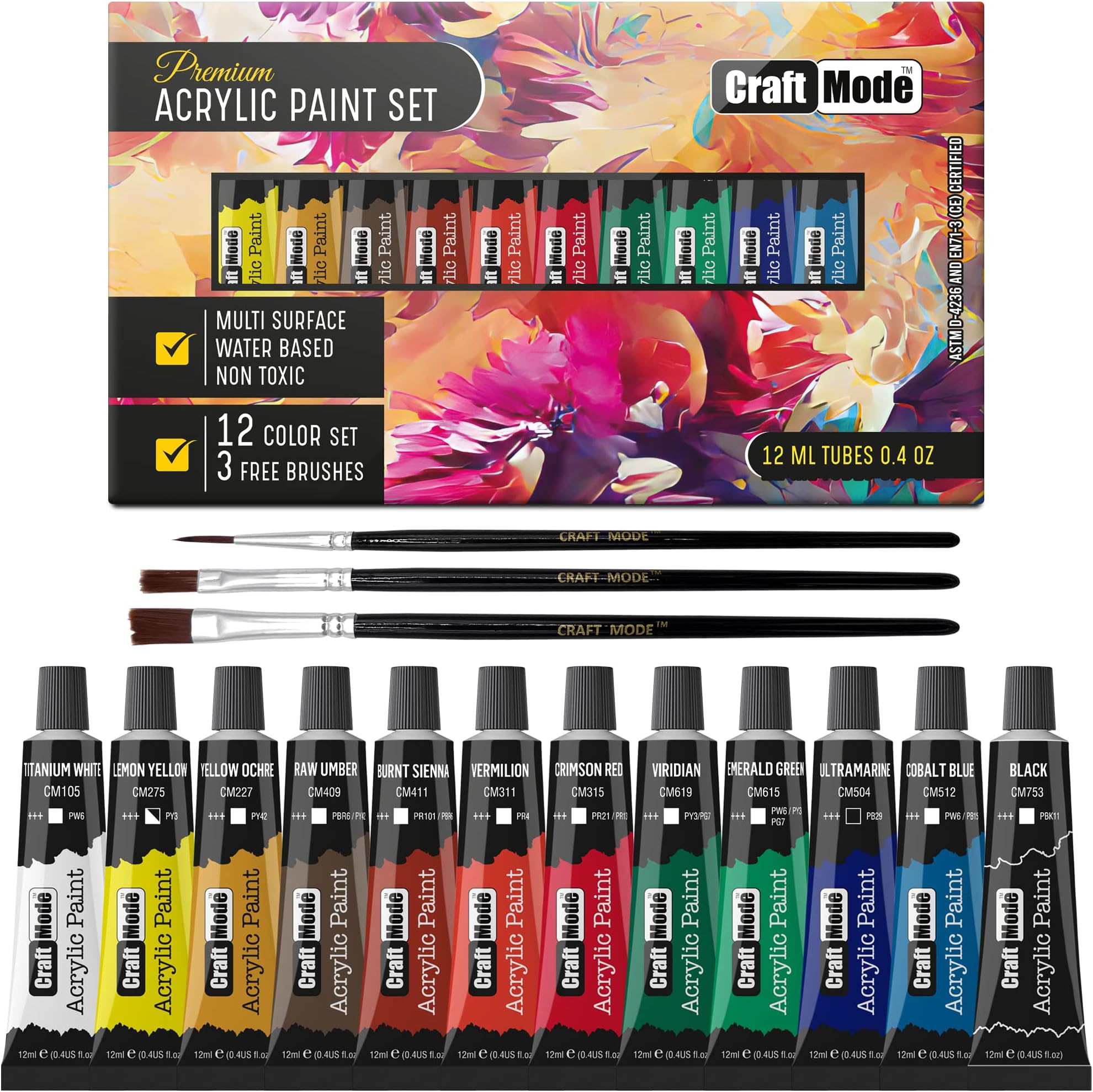 Acrylic Paint Set 12 x 12ml Perfect for Canvas, Wood, Ceramic, Rock, Fabric & Crafts, Non-Toxic, Quick Dry & Vibrant Colours, Rich Pigments, Lasting Quality