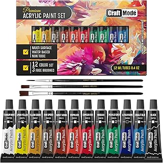 Acrylic paint set 12 12ml Perfect for Canvas, Wood, Ceramic, Rock, Fabric & Crafts. Non-Toxic, Quick Dry & Vibrant Colours. Rich Pigments, Lasting Qualit
