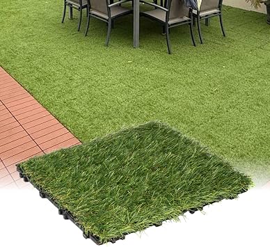 DECKO Interlocking Deck Tiles - 1 Artificial Grass Tile - Faux Turf Outdoor Flooring Tiles for Patio, Terrace, Balcony 11.8"x11.8" - DIY Outdoor Waterproof Patio Flooring Easy Installation Fake Lawn