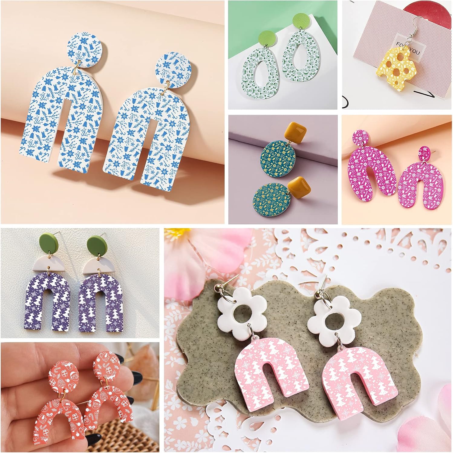 MEMOVAN Christmas Silk Screen Stencils for Polymer Clay 3pcs Reusable Holiday Silk Screen for Polymer Clay Cutters Printing on Clay for Jewelry Making Supplies Christmas Earring Decoration
