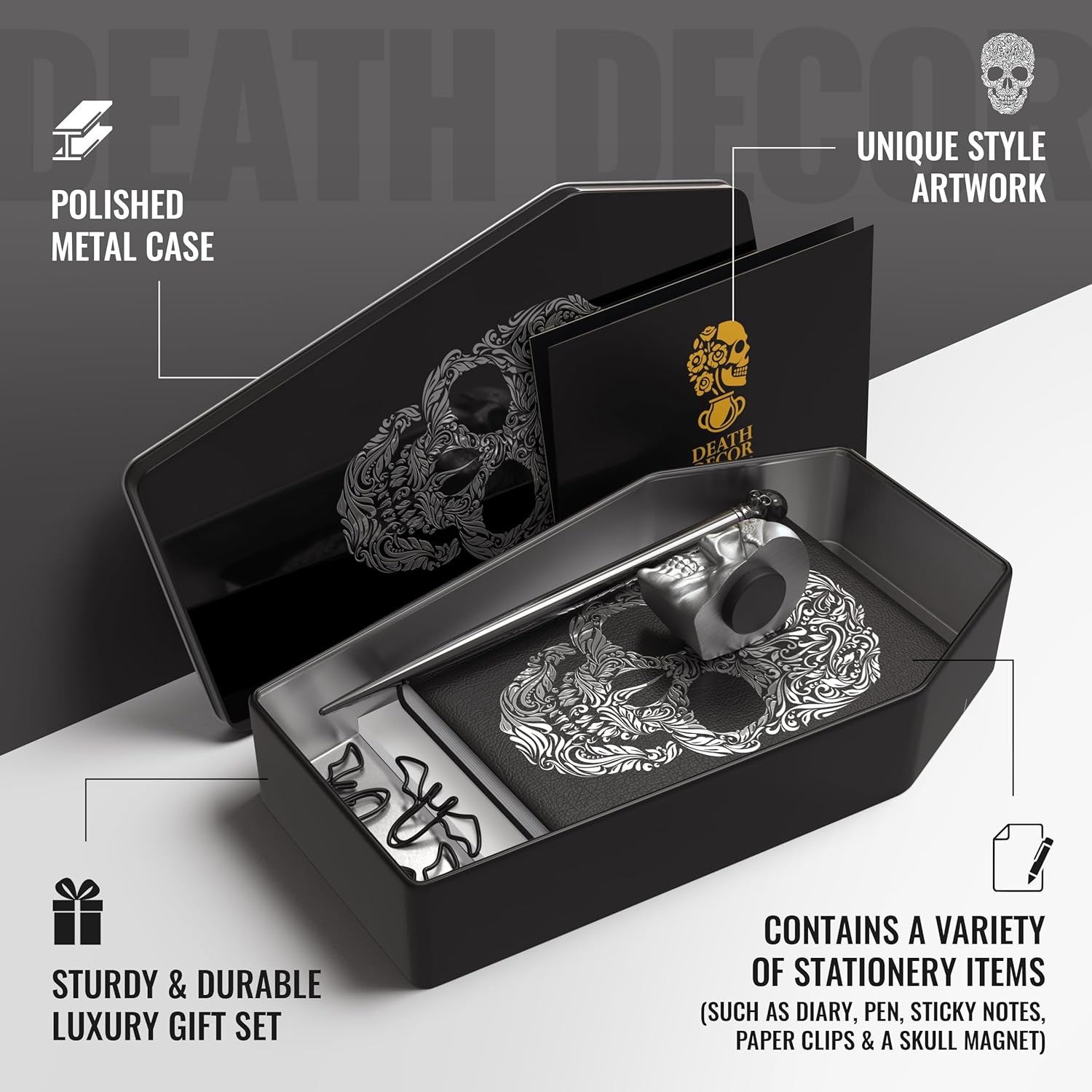 Gothic Stationery Gift Set – Journal Notebook, Sticky Notes, Bat Paper Clips & Skull Magnet – Dark Aesthetic Goth Office Supplies for School, Desk, Halloween & Unique Gifts
