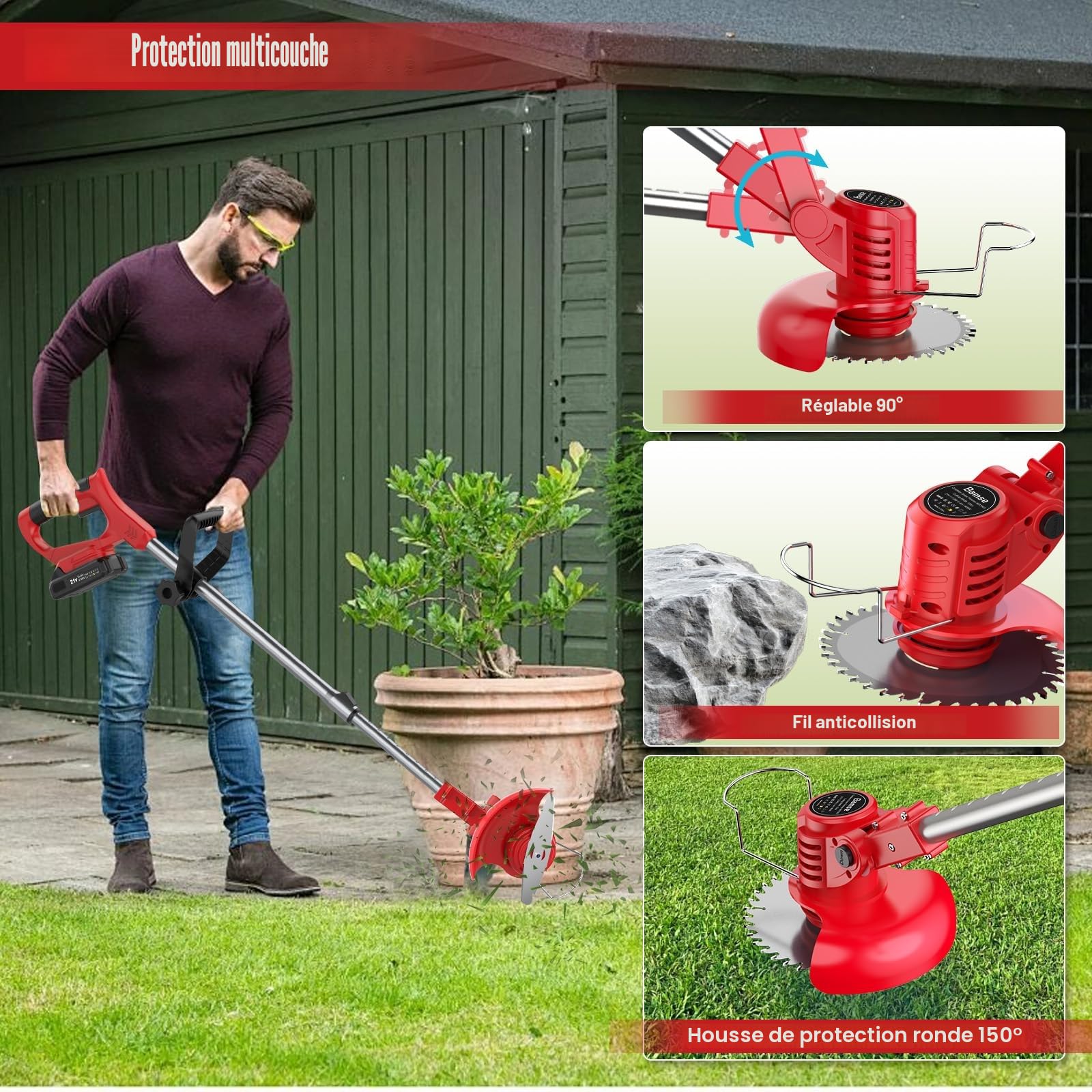 Debroussailleuse Electrique sans Fil, Coupe Bordure sans Fil avec 2 Batterie 21V 2000mAh et 2 Types de Metal Lames, Poignée réglable, Coupe Bordures pour la Coupe de Jardin et Pelouses, Rouge Clair