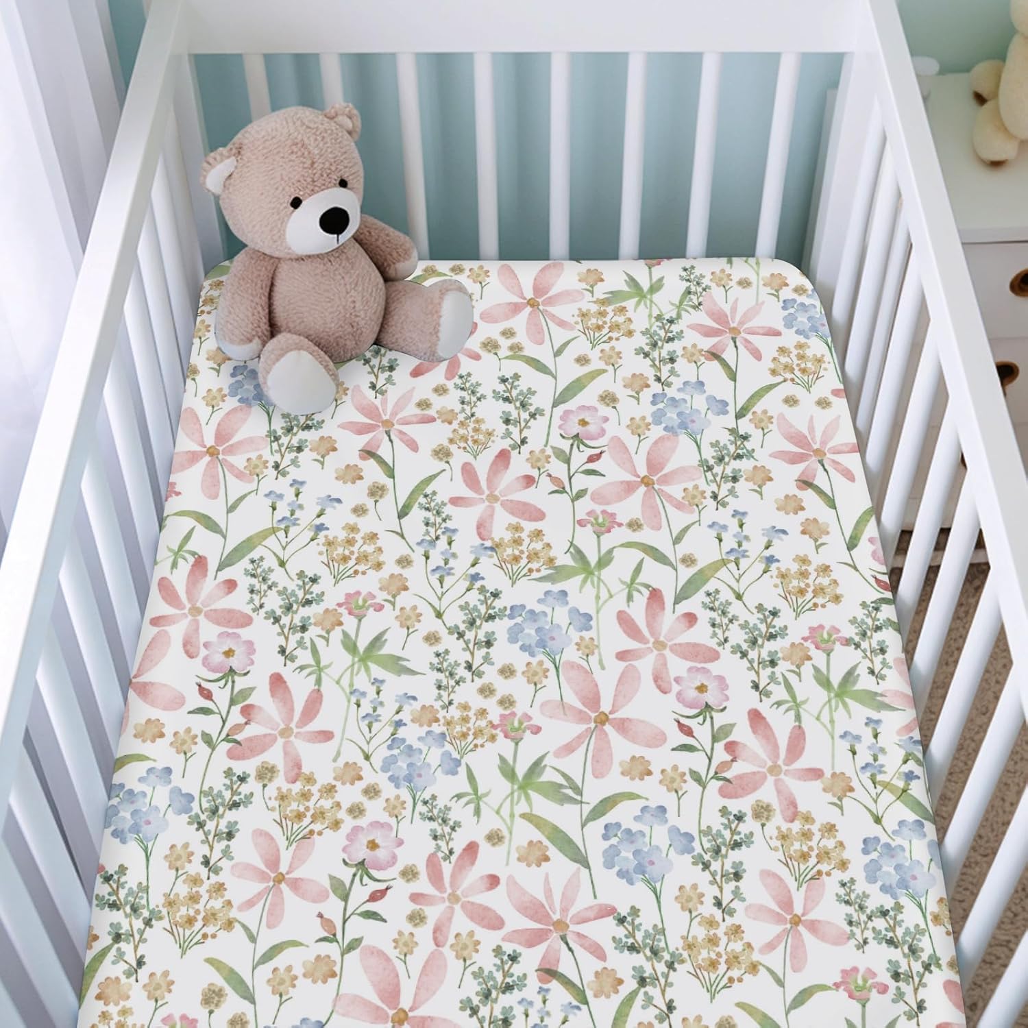 Boho Floral Fitted Crib Sheets for Baby Boys and Girls 52x28 Greenery Flowers Leaves Wild Flowers Spring Soft Breathable Toddler Nursery Baby Sheet for Standard Crib Mattress & Toddler Bed Mattress