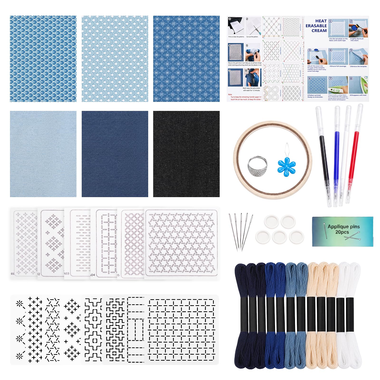 Sashiko Kit para principiantes, suministros de costura de bordado japonés con tela vaquera, dedal, hilo y agujas solubles en agua, perfecto para acolchado y reparación a mano