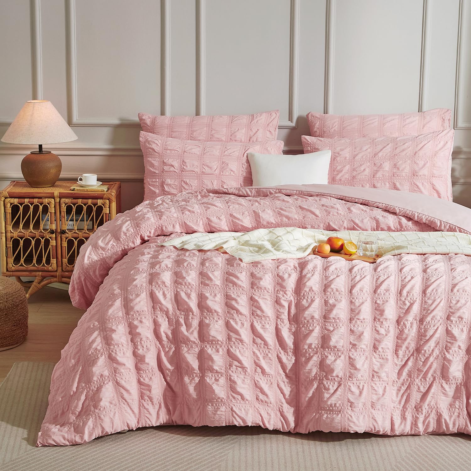 Luofanfei Biancheria da letto in seersucker, 155 x 220 cm, rosa, estate, fresca, a righe, motivo a quadri, traspirante, leggera, copripiumino singolo e federe 80 x 80 cm, con chiusura lampo