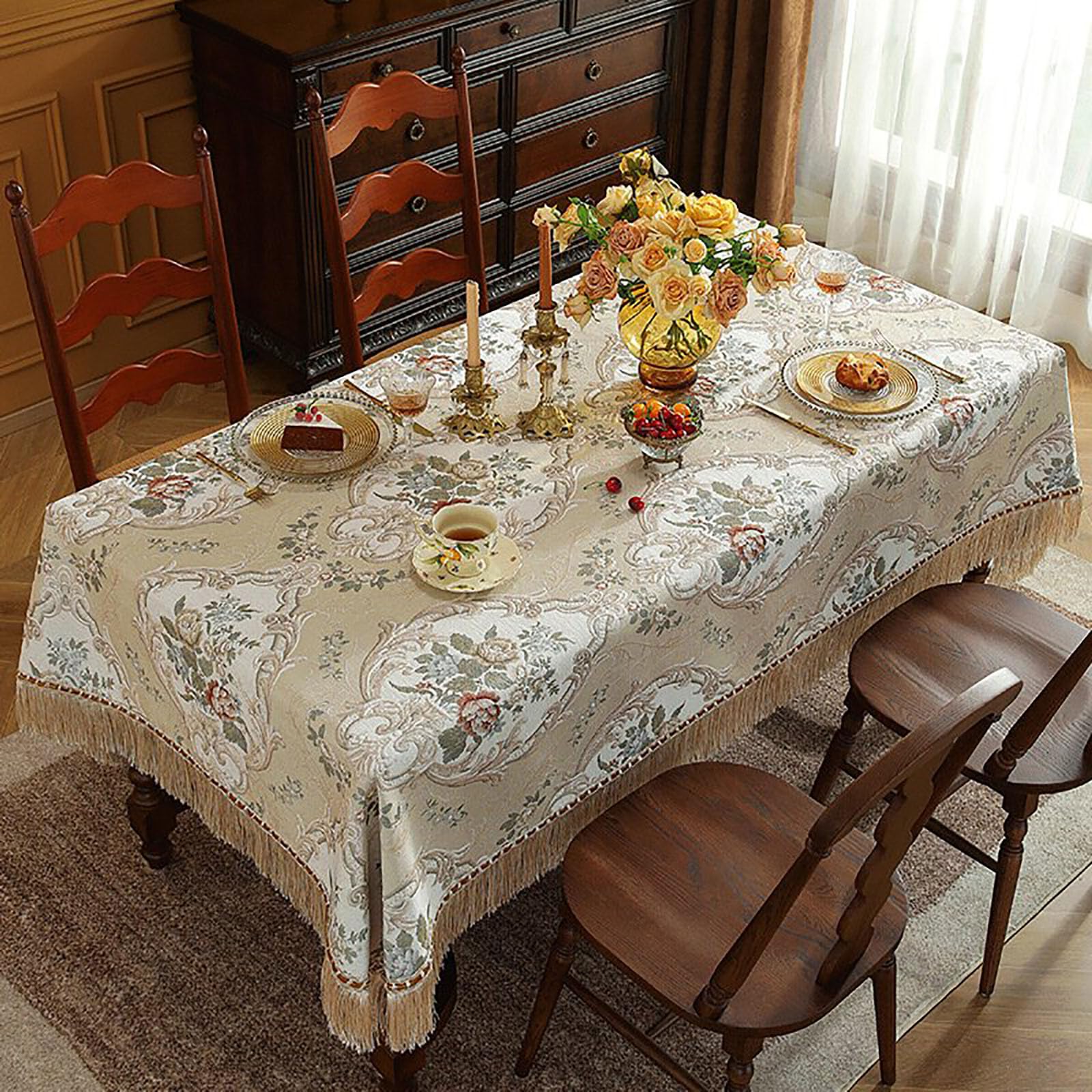 Tovaglia Rettangolare da Pranzo Stile Europeo retrò con Nappe Motivo Floreale Ricamato Lavabile per Cucina Sala da Pranzo Decorazione da Tavolo 140x220cm