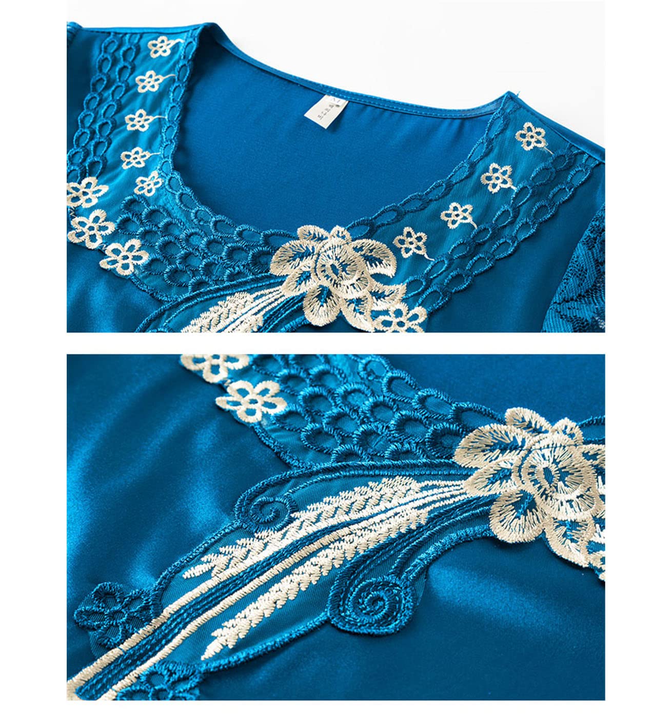 FULBHPRINT Blusa de encaje de satén con cuello en V para mujer, de manga corta, de malla de flores