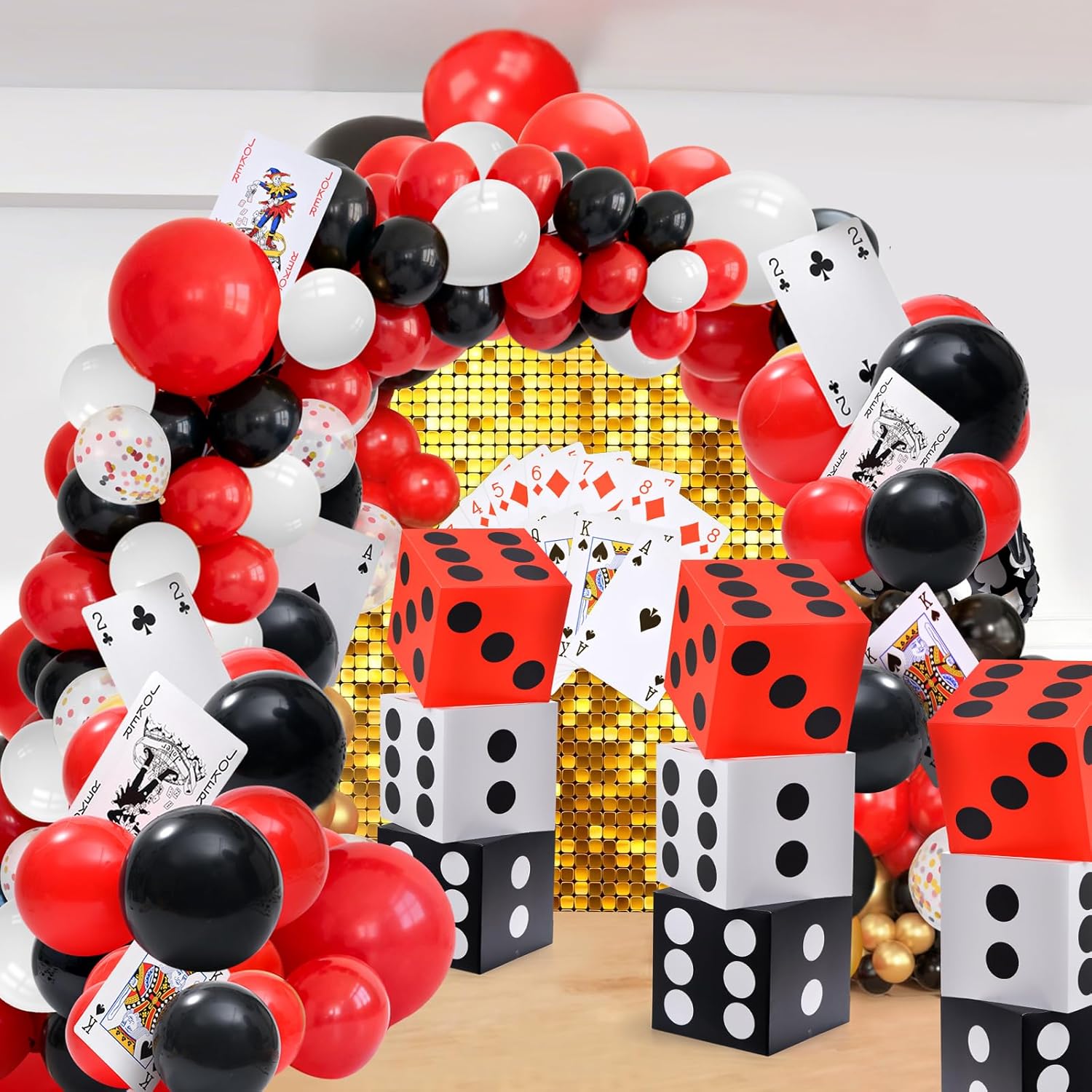 45 Pcs Casino Theme Party Decorations, Casino Blloons, Casino Balloons Contain Red Black and Gold Balloons, Dice Boxes,Random Large Playing Cards, Suitable for Vegas Themed Party Decorations