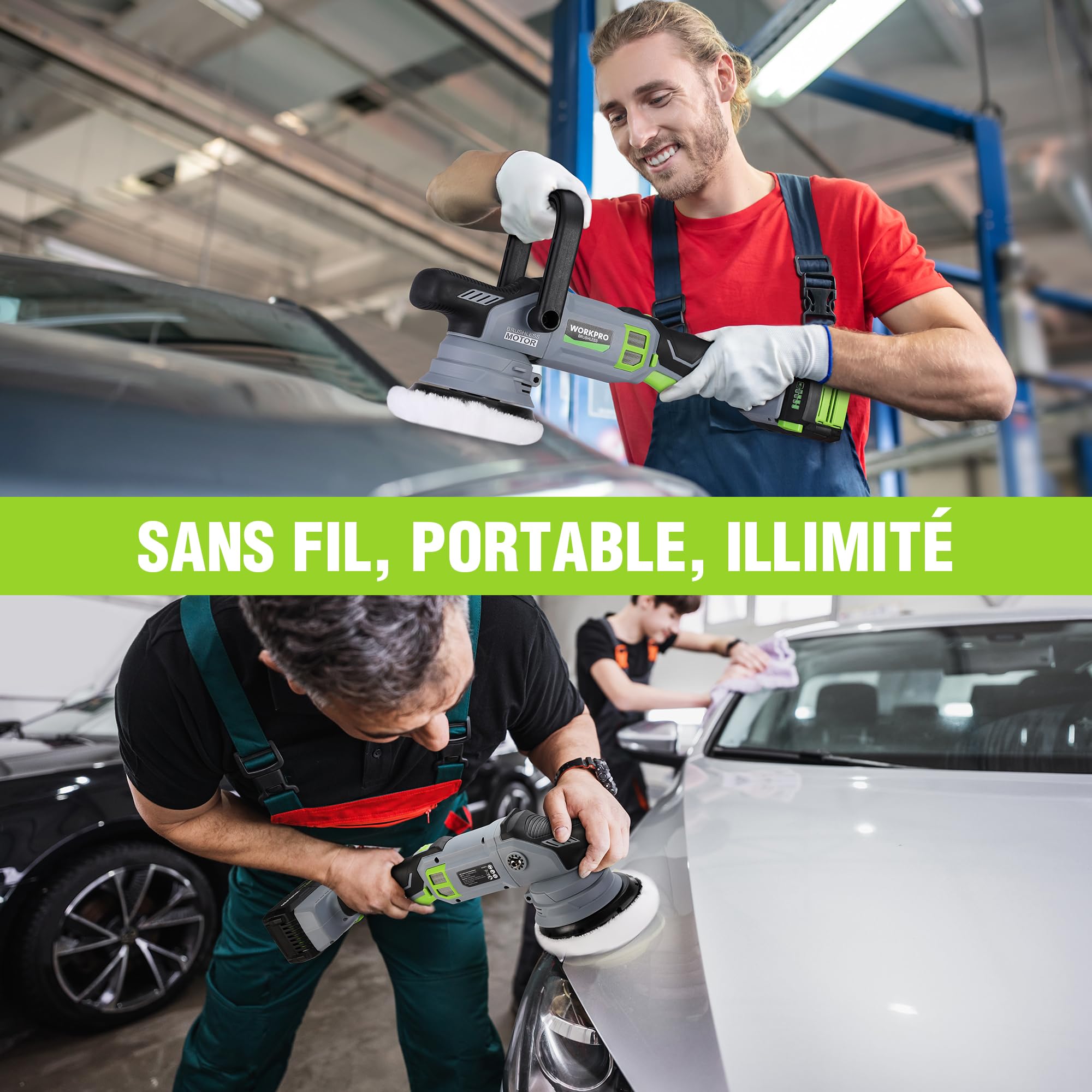 WORKPRO Polisseuse de Voiture sans Fil 20V, Polisseuse Orbitale sans Balais à Double Action, 7 Vitesses (2000-5000 tr/min), Poignée en D Réglable, avec Sac, pour Voitures, Sols, Carreaux, Meubles