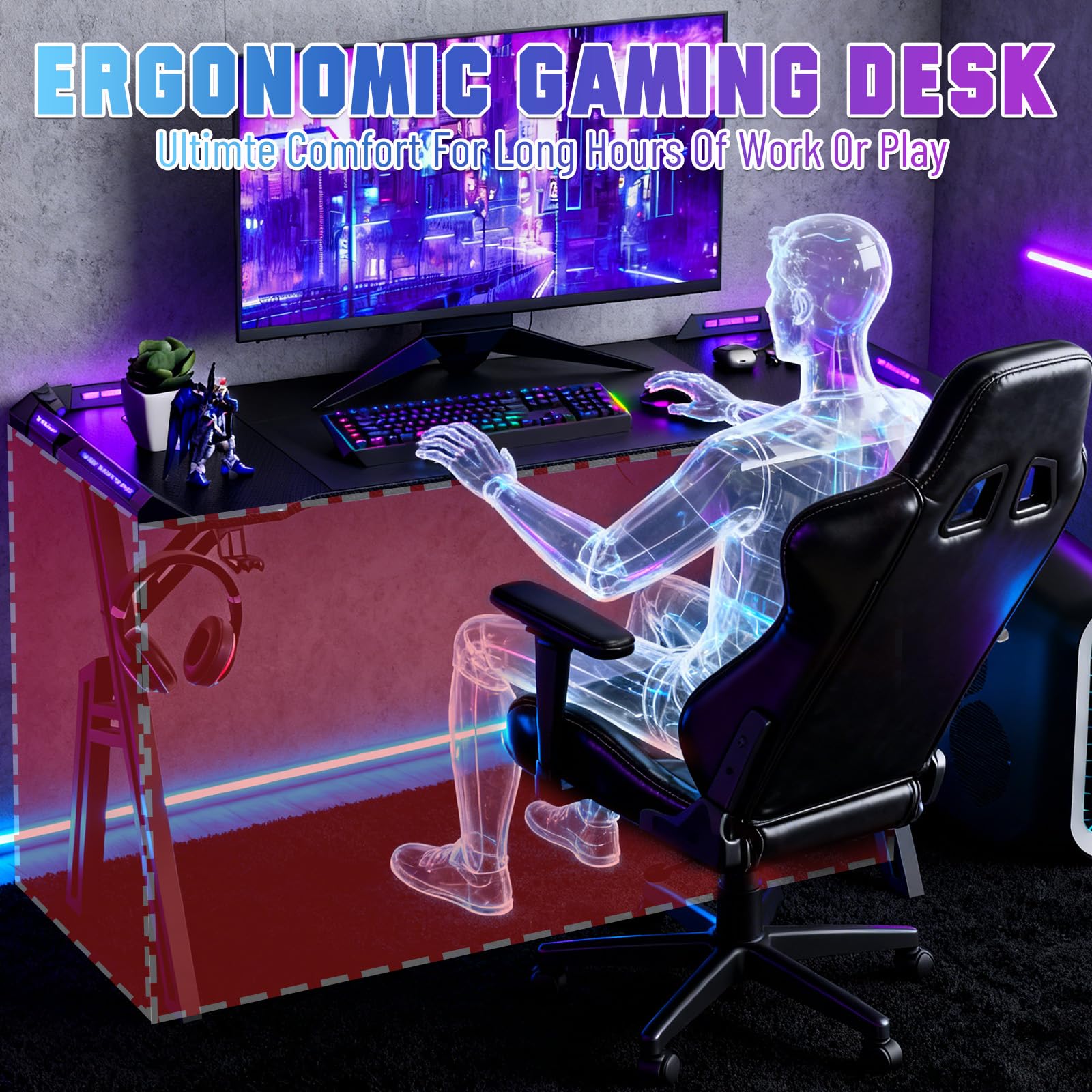Gaming Tisch 160x60 CM, Gaming Schreibtisch mit LED Beleuchtung, Kohlefaseroberfläche, Getränkehalter, Kopfhörerhalter, Computertisch Ergonomisch, PC Tisch, Gamingtisch für Gaming, Streaming