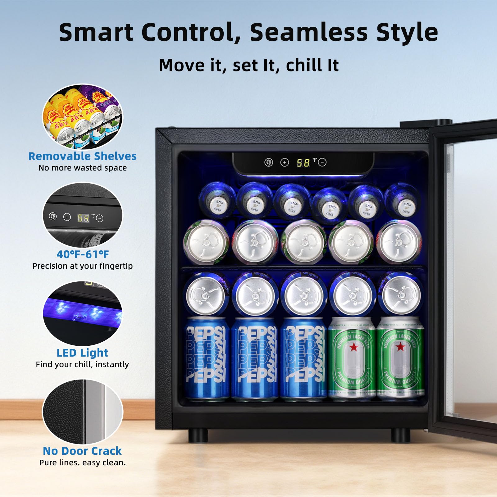 Antarctic Star 48 Can Beverage Refrigerator, 12 Bottle Mini Fridge with Seamless Stainless Steel Glass Door, Digital Temperature Display, Countertop Wine Cooler for Home Bar, Office, Kitchen, Silver