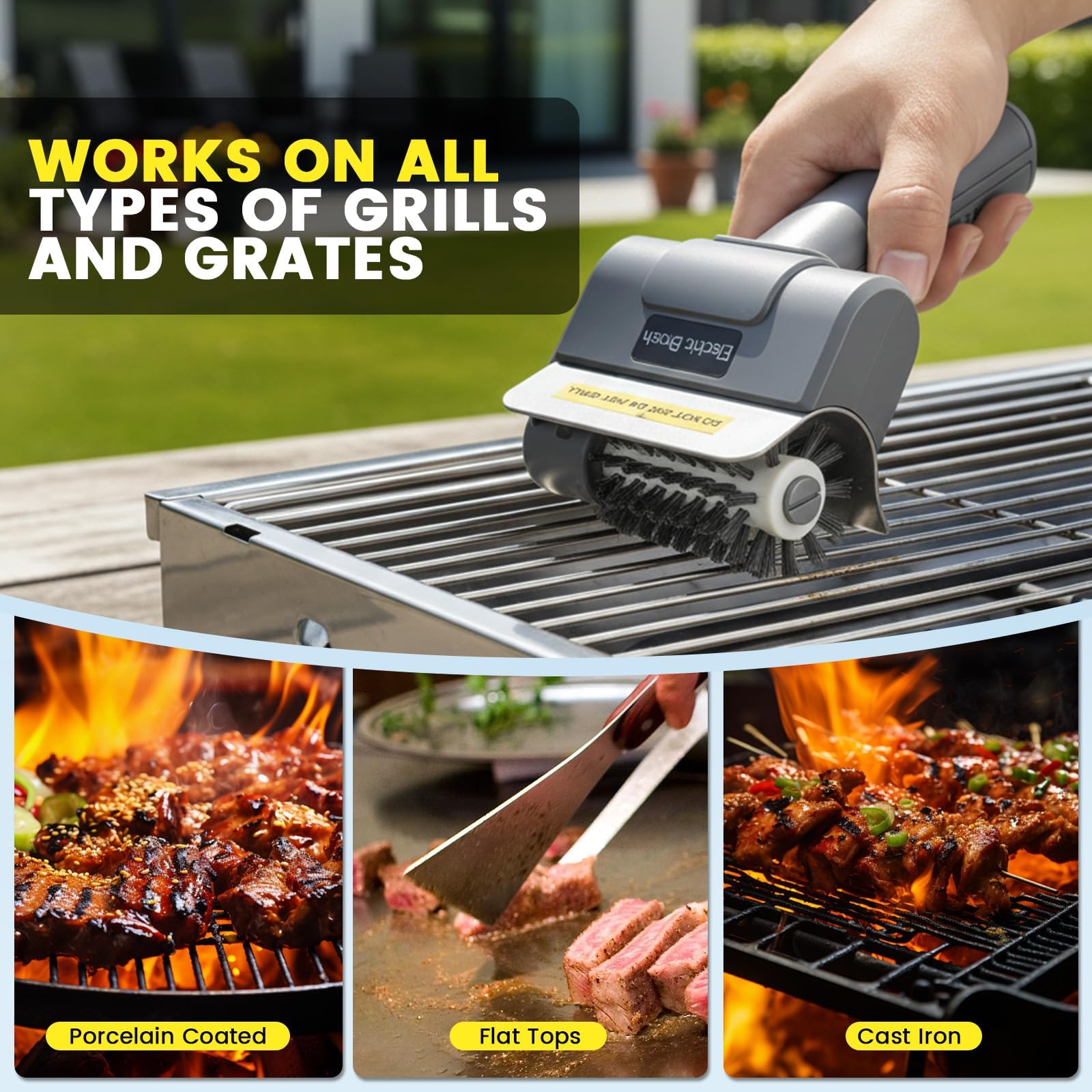 Spazzola Elettrica per Barbecue – Senza Fili, Ricaricabile con Testina in Acciaio Inox Rimovibile (Include 1 Testina di Ricambio) | Ideale per Griglie a Gas, Carbone, Elettriche e Piastre