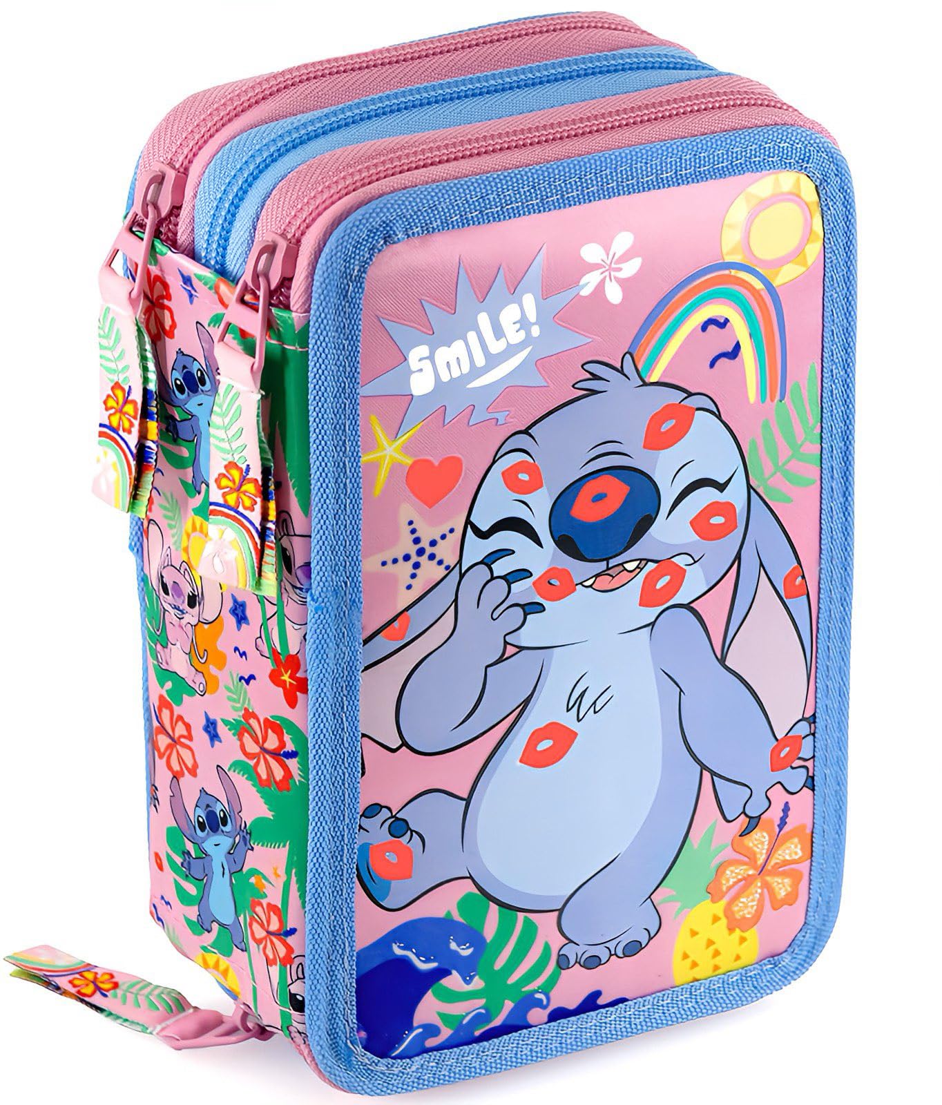 Clondo Estuche Triple Relleno para Niñas, para Stitch y Angel Fan, 45 Accesorios Escolares, Plumier 3 Cierres, Compartimentos Organizados, Lápices de Colores, Marcadores, Pegamento, Tijeras