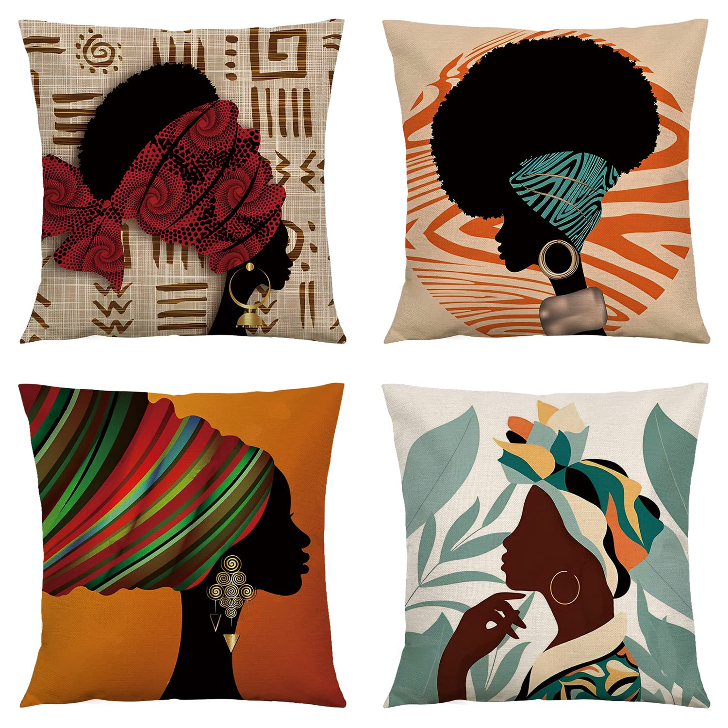 RinRinfam Abstract African Woman Throw Pillow Covers 18x18 Set of 4, Ethnic Tribal Motif Kente Head Wrap Pillow Cushion Cases,Home Decor for Outdoor