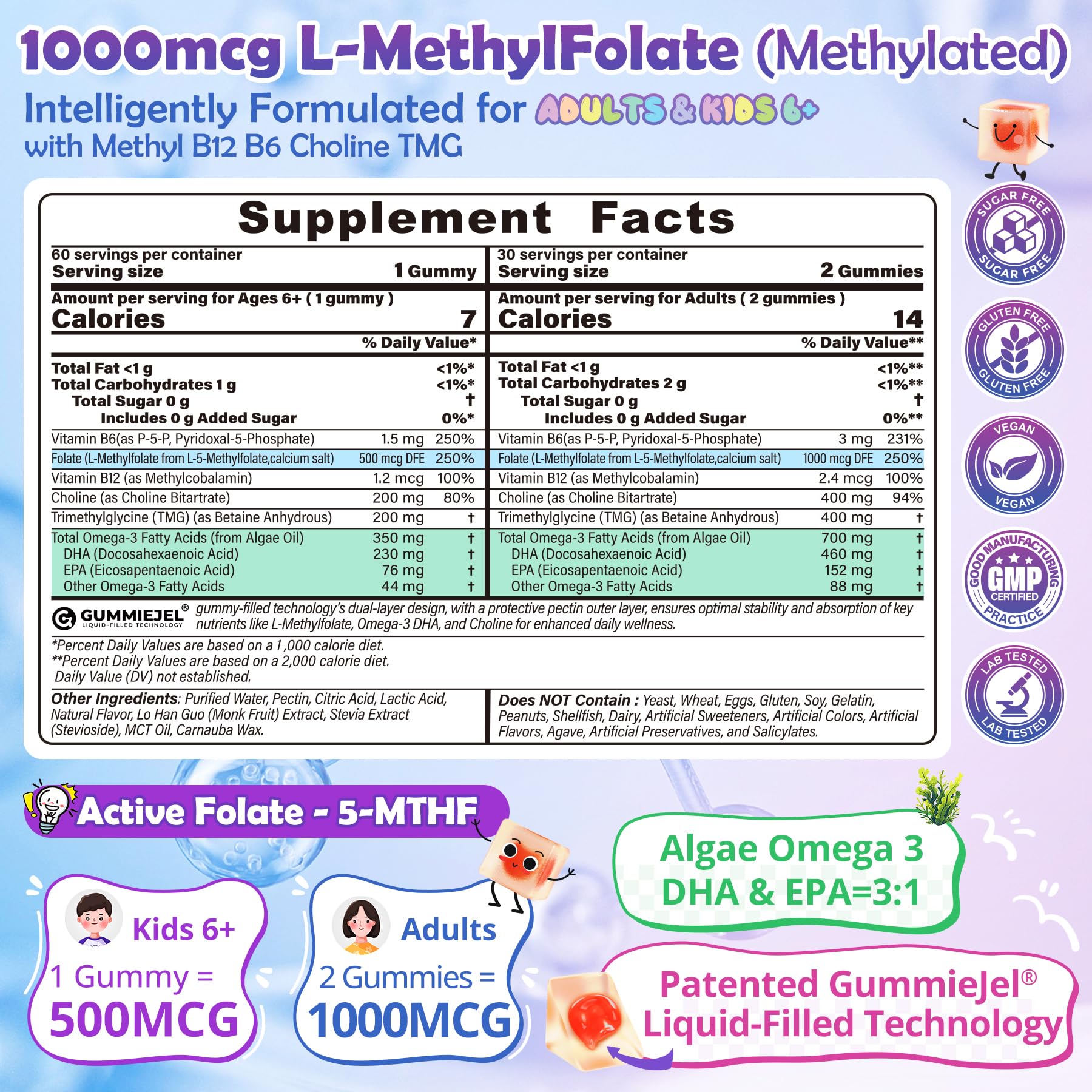 L-Methylfolate 1000mcg Methyl B12 Gummies + Omega-3 for Kids & Adults, 60Ct — Amazon image 2