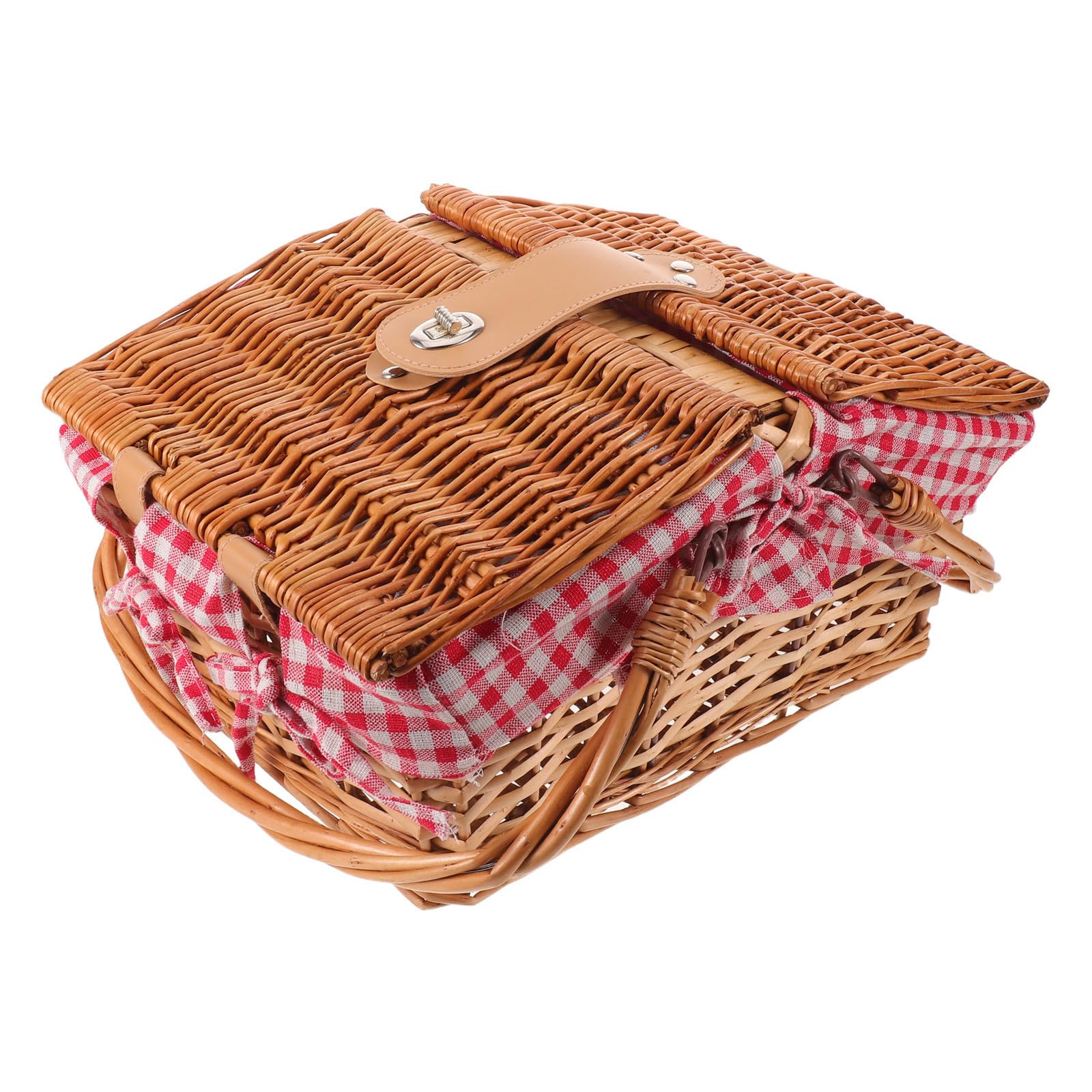 Cesta de Picnic de Mimbre Roja con Tapa y Asas, Portátil