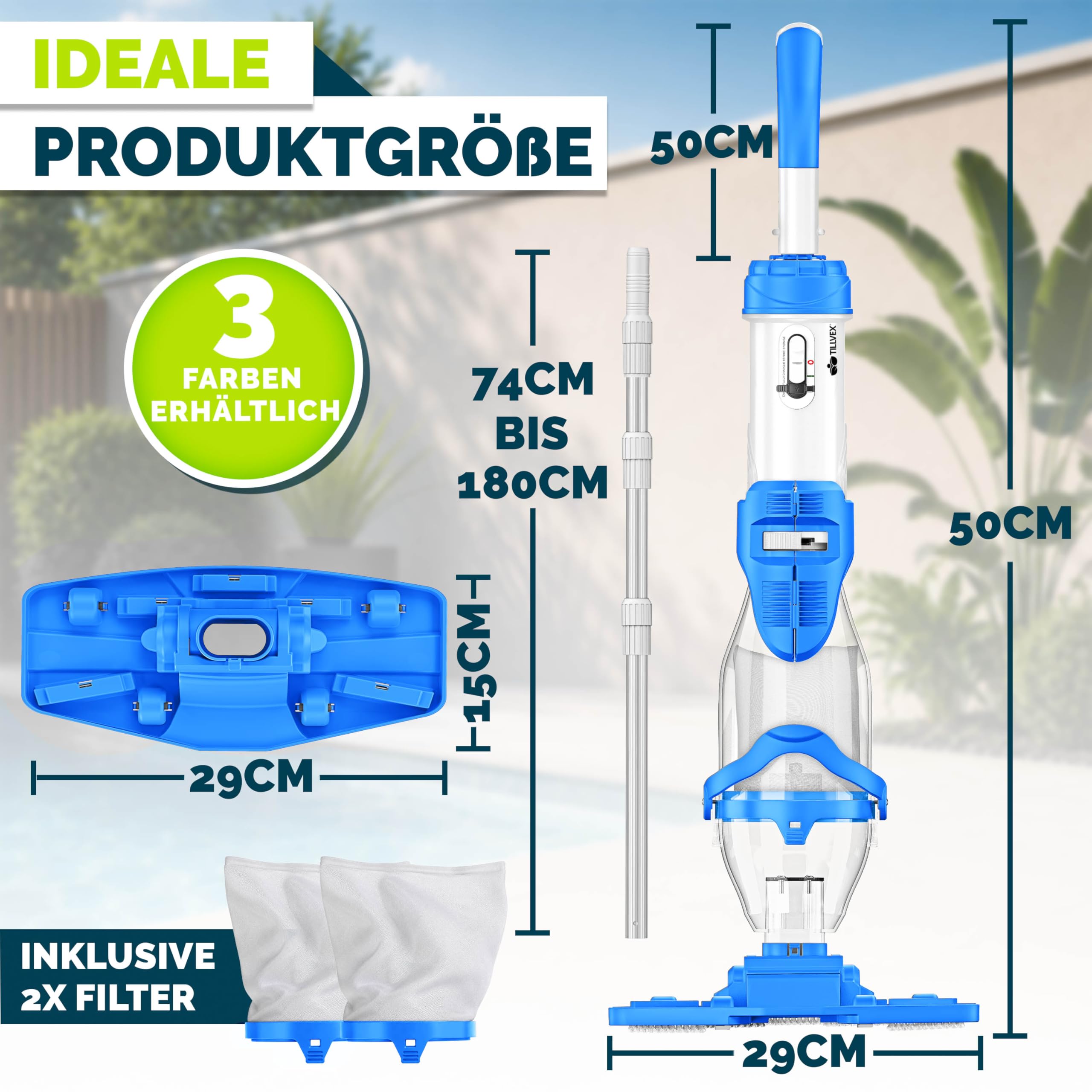 tillvex Poolsauger mit Akku & Teleskopstange + Ersatzfilter bis zu 15 m³ | Pool Bodensauger elektrisch | Poolreiniger mit Filter & 60 min Laufzeit | Handsauger Reinigungsset kabellos (Blau/Weiß)