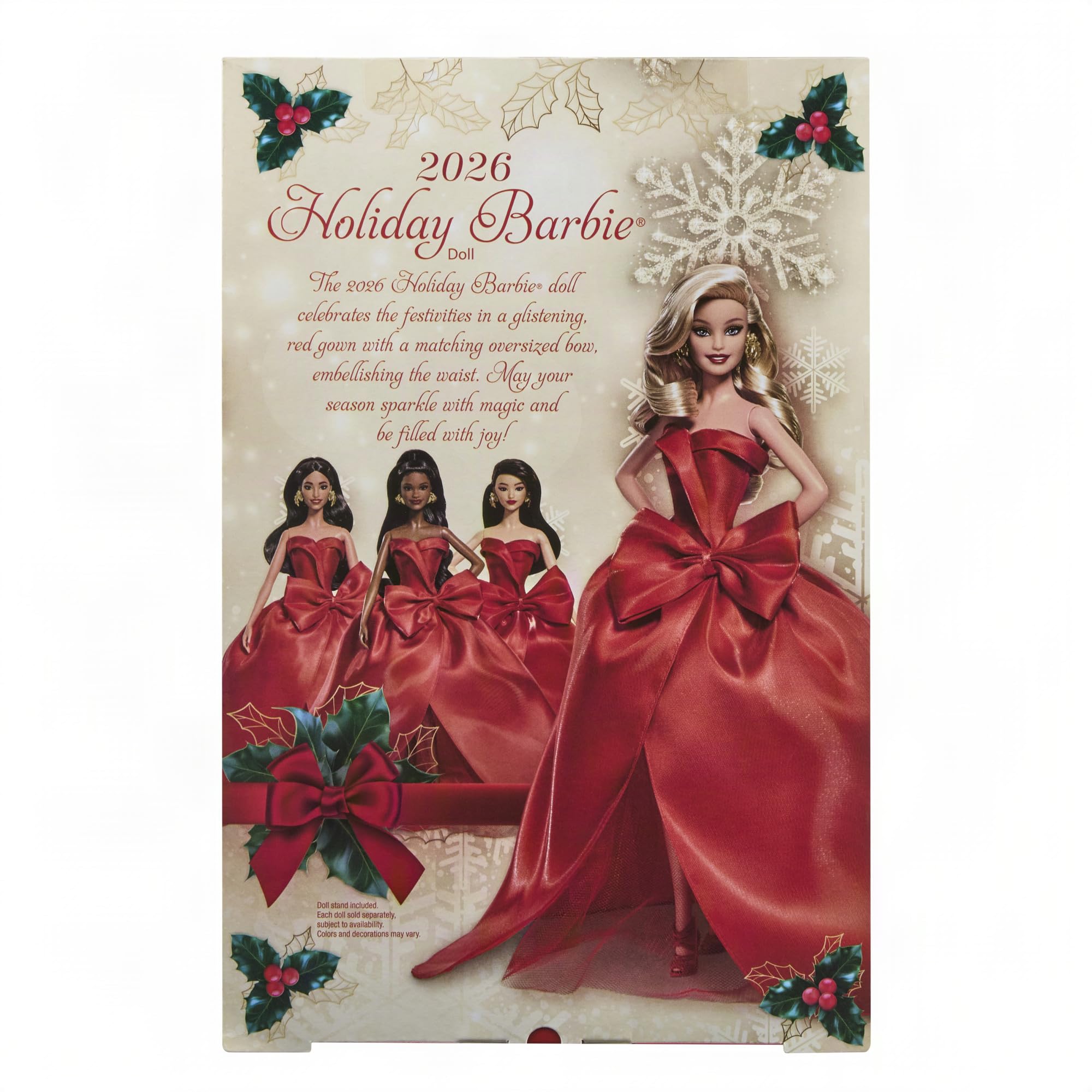 Barbie Signature Puppe, 2026 Holiday, Blonde Modepuppe | mit Schleifenkleid in Rot, saisonale Sammlerpuppe in einer Verpackung zum Ausstellen und mit Puppenständer, JJX70