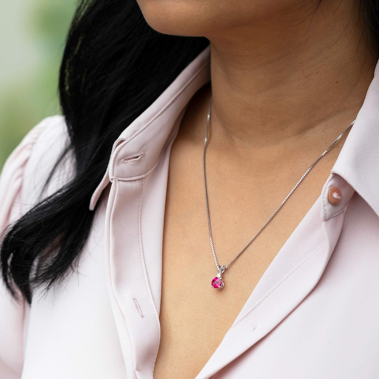 PEORA 14K White Gold Created Ruby with Genuine Diamond Pendant, Elegant Solitaire, Round Shape, 6.50mm, 1.35 Carats total, Sparkling V-Day Gift, Valentine's Gift for Her, Wife, Sister